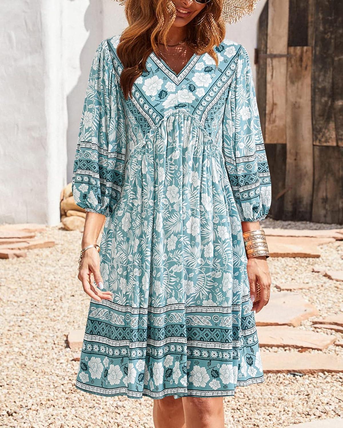 imageBTFBM Women Casual Spring Summer Dresses V Neck 34 Long Sleeve Ruffle Floral Flowy Boho Babydoll Mini Short Beach DressFloral Blue White