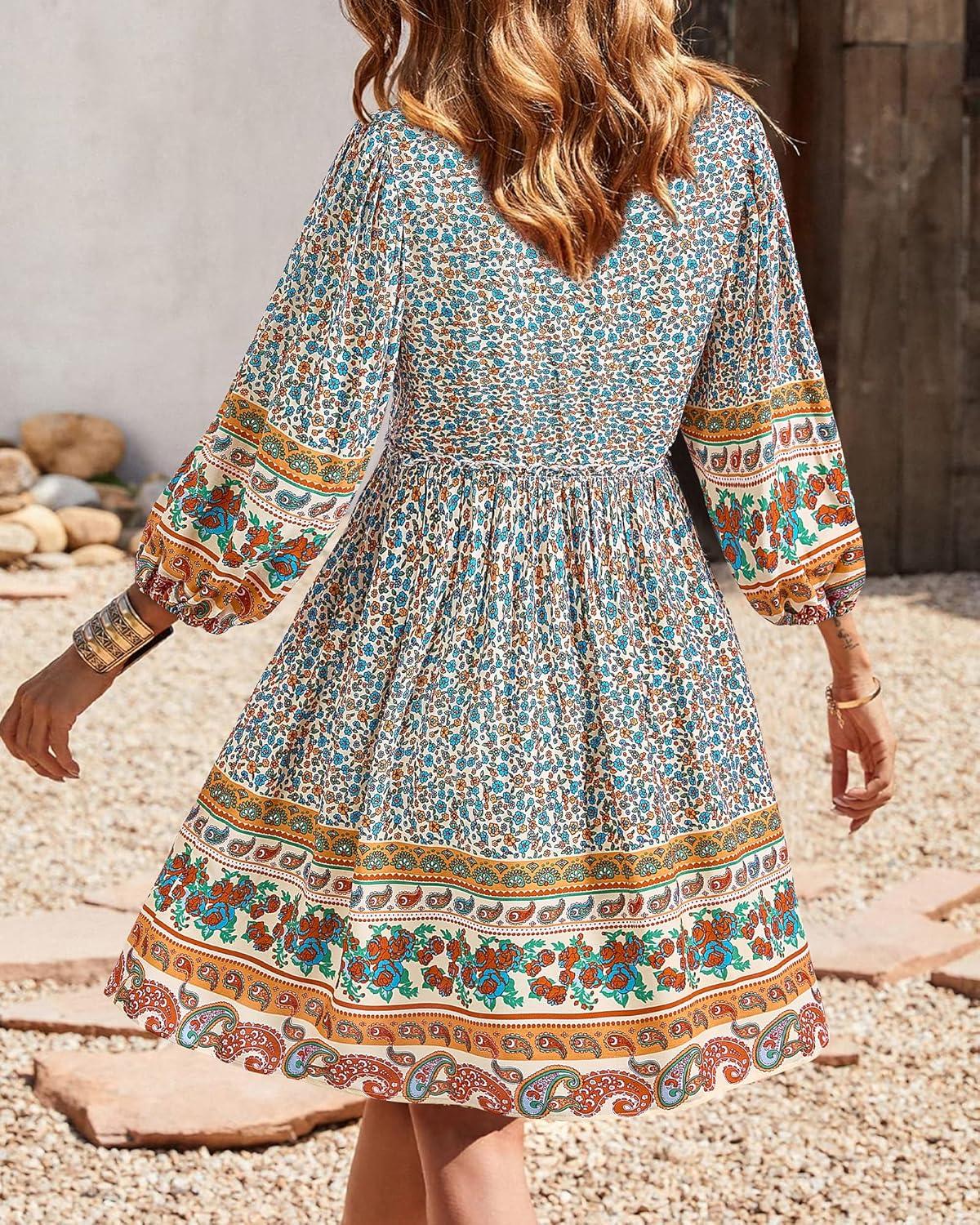 imageBTFBM Women Casual Spring Summer Dresses V Neck 34 Long Sleeve Ruffle Floral Flowy Boho Babydoll Mini Short Beach DressFloral Brown Apricot