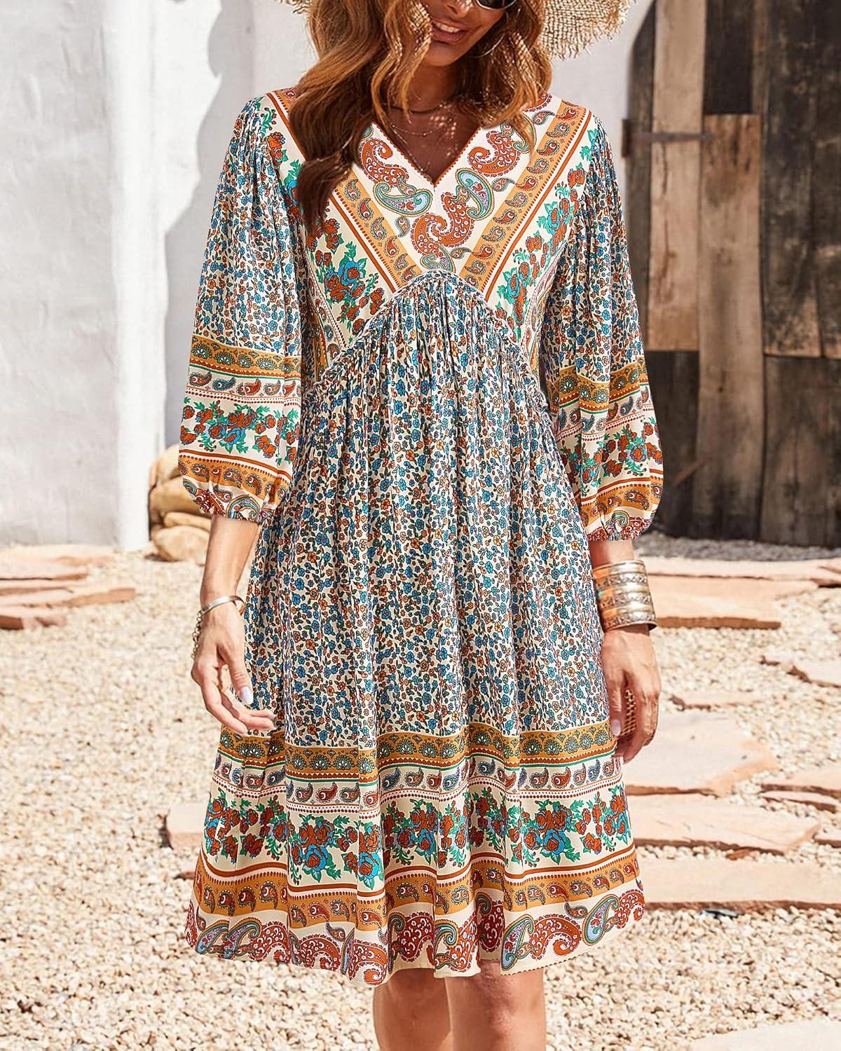 imageBTFBM Women Casual Spring Summer Dresses V Neck 34 Long Sleeve Ruffle Floral Flowy Boho Babydoll Mini Short Beach DressFloral Brown Apricot