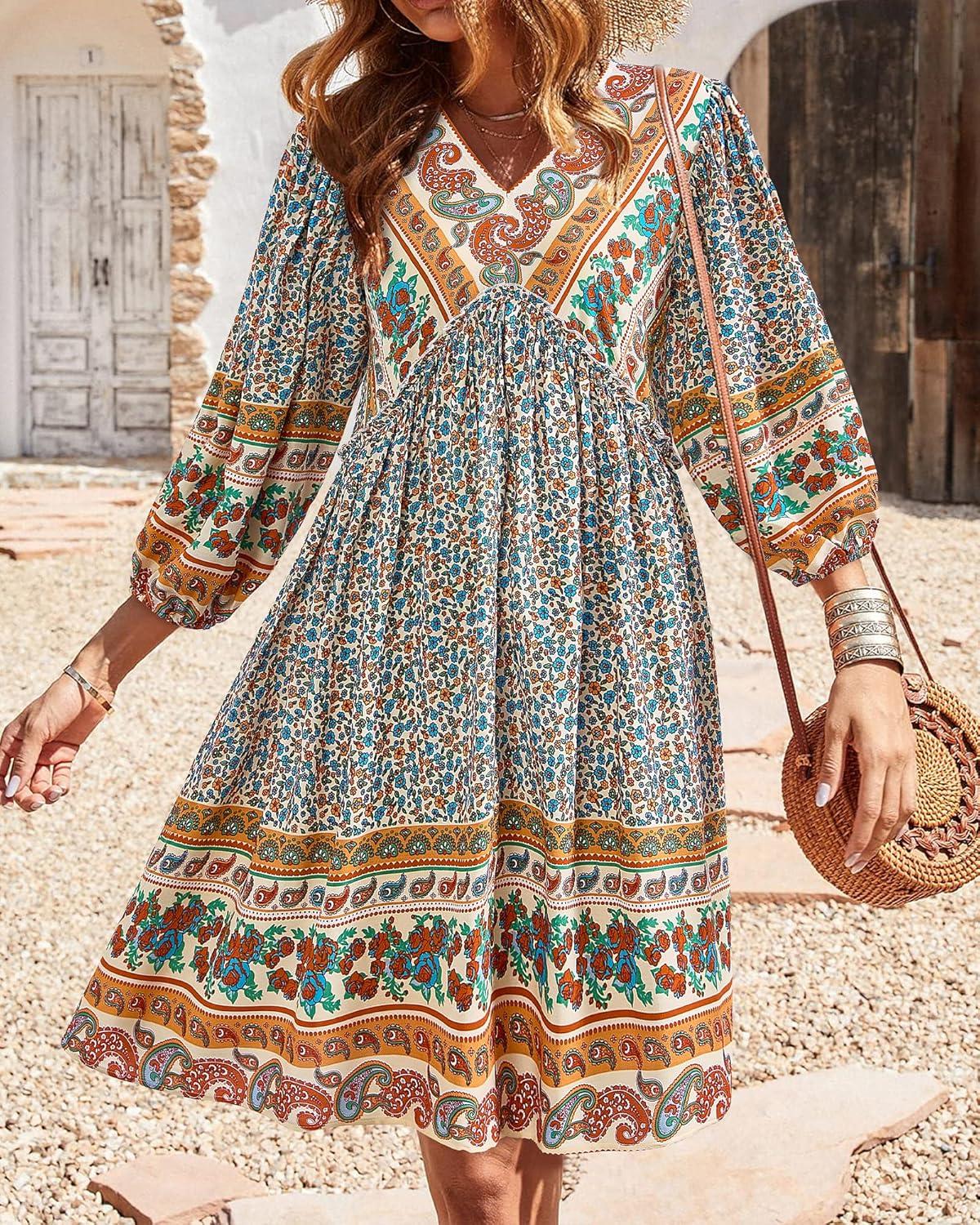 imageBTFBM Women Casual Spring Summer Dresses V Neck 34 Long Sleeve Ruffle Floral Flowy Boho Babydoll Mini Short Beach DressFloral Brown Apricot