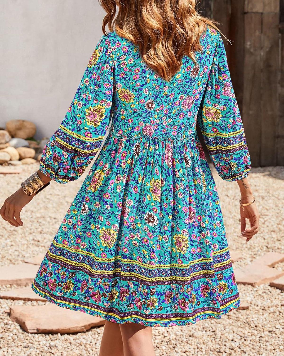 imageBTFBM Women Casual Spring Summer Dresses V Neck 34 Long Sleeve Ruffle Floral Flowy Boho Babydoll Mini Short Beach DressFloral Green