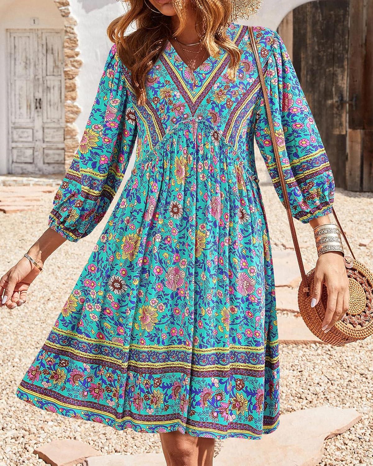 imageBTFBM Women Casual Spring Summer Dresses V Neck 34 Long Sleeve Ruffle Floral Flowy Boho Babydoll Mini Short Beach DressFloral Green