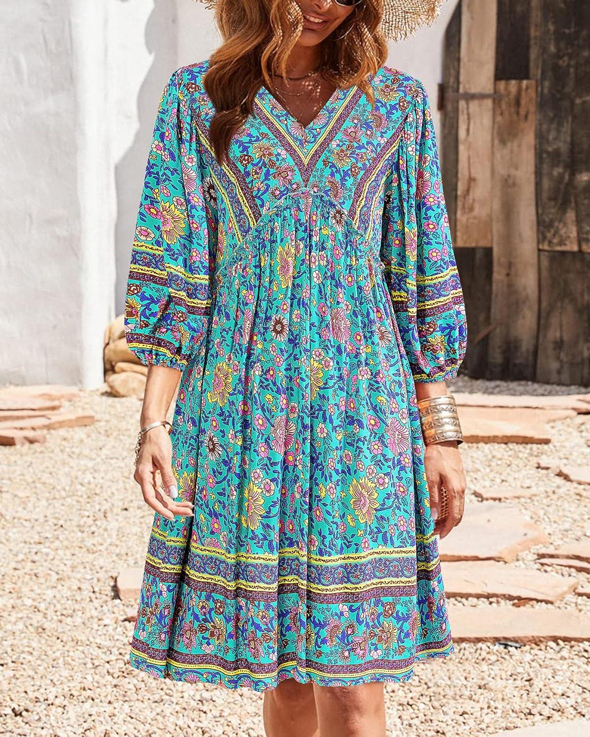 imageBTFBM Women Casual Spring Summer Dresses V Neck 34 Long Sleeve Ruffle Floral Flowy Boho Babydoll Mini Short Beach DressFloral Green