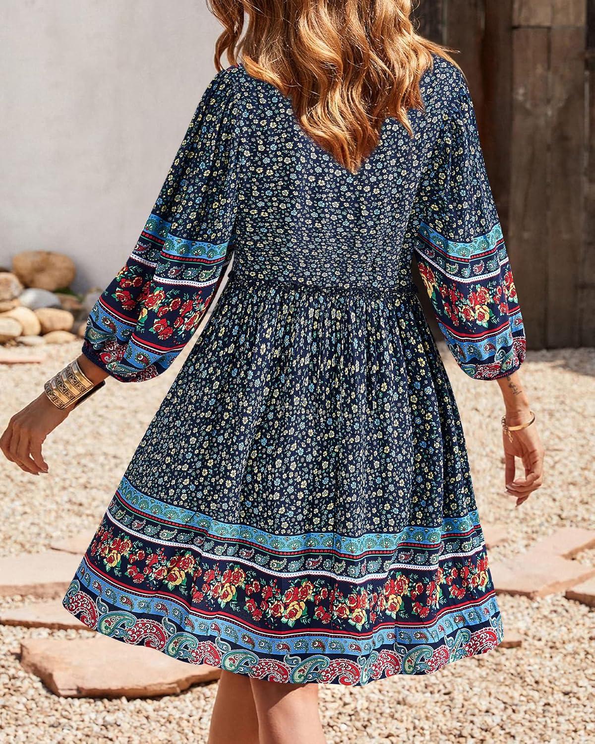 imageBTFBM Women Casual Spring Summer Dresses V Neck 34 Long Sleeve Ruffle Floral Flowy Boho Babydoll Mini Short Beach DressFloral Navy