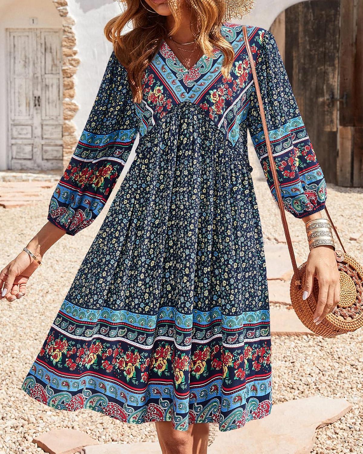imageBTFBM Women Casual Spring Summer Dresses V Neck 34 Long Sleeve Ruffle Floral Flowy Boho Babydoll Mini Short Beach DressFloral Navy