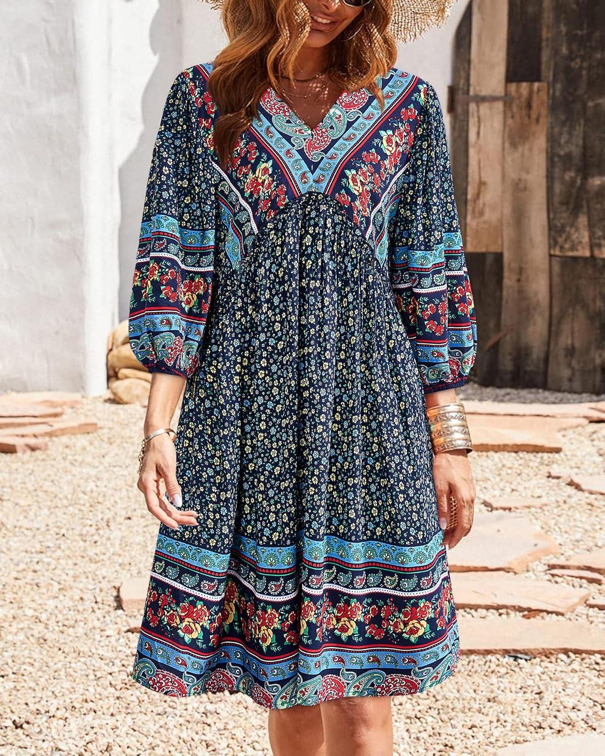 imageBTFBM Women Casual Spring Summer Dresses V Neck 34 Long Sleeve Ruffle Floral Flowy Boho Babydoll Mini Short Beach DressFloral Navy