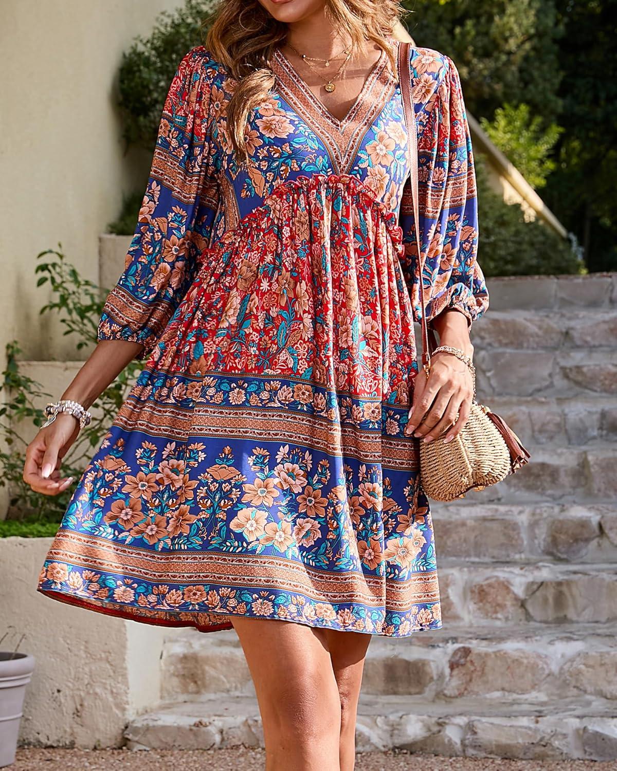 imageBTFBM Women Casual Spring Summer Dresses V Neck 34 Long Sleeve Ruffle Floral Flowy Boho Babydoll Mini Short Beach DressFloral Red