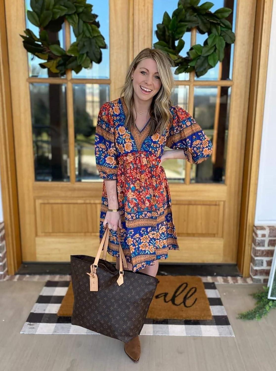imageBTFBM Women Casual Spring Summer Dresses V Neck 34 Long Sleeve Ruffle Floral Flowy Boho Babydoll Mini Short Beach DressFloral Red
