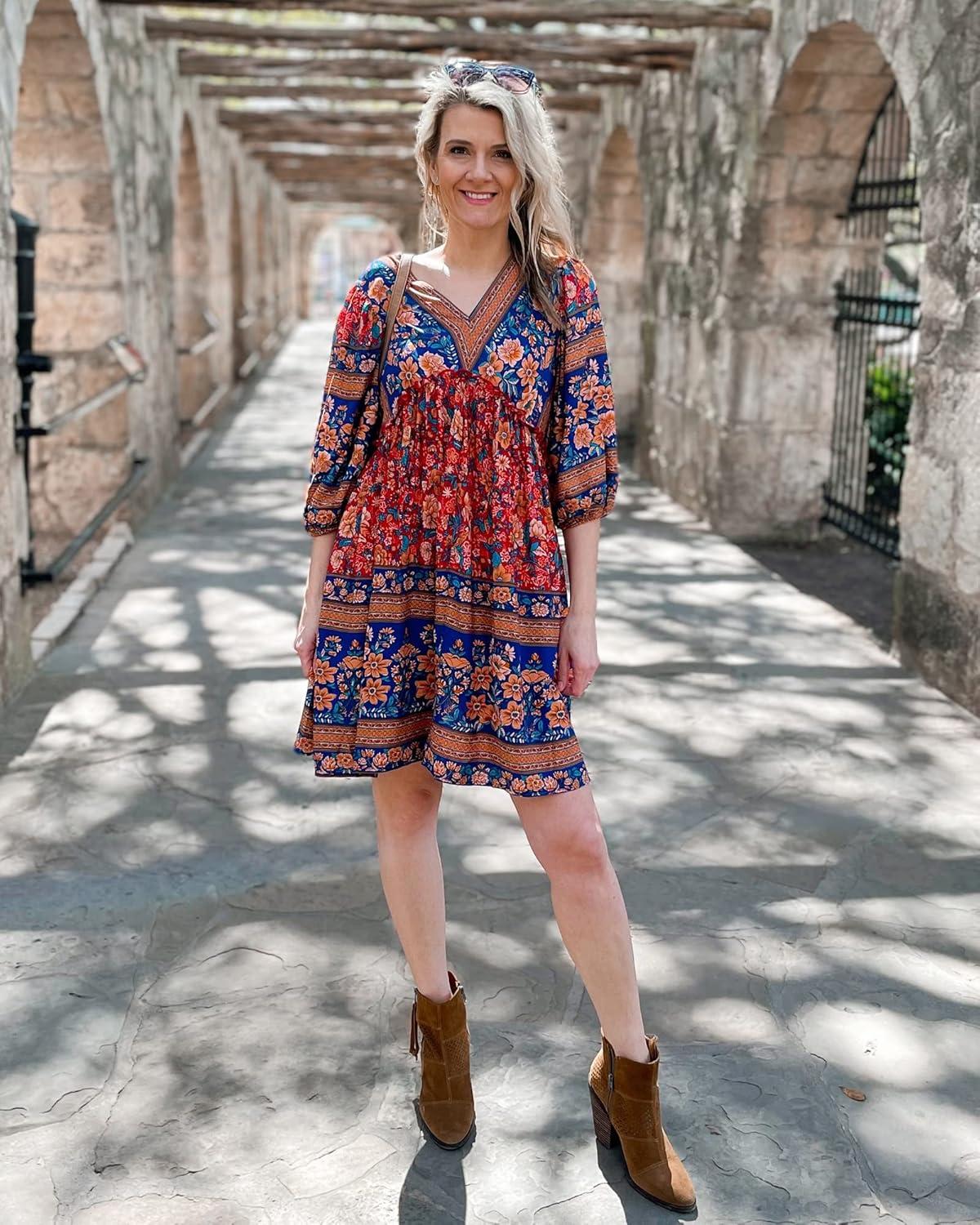 imageBTFBM Women Casual Spring Summer Dresses V Neck 34 Long Sleeve Ruffle Floral Flowy Boho Babydoll Mini Short Beach DressFloral Red