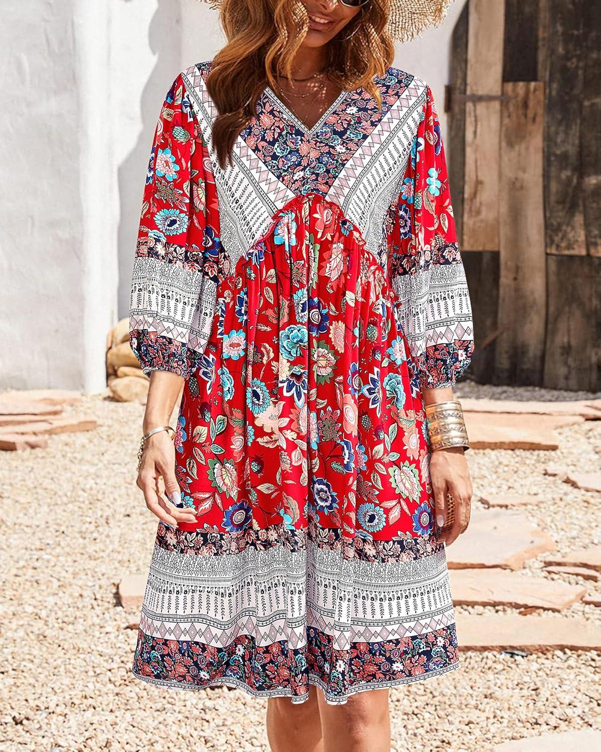 imageBTFBM Women Casual Spring Summer Dresses V Neck 34 Long Sleeve Ruffle Floral Flowy Boho Babydoll Mini Short Beach DressFloral Red White