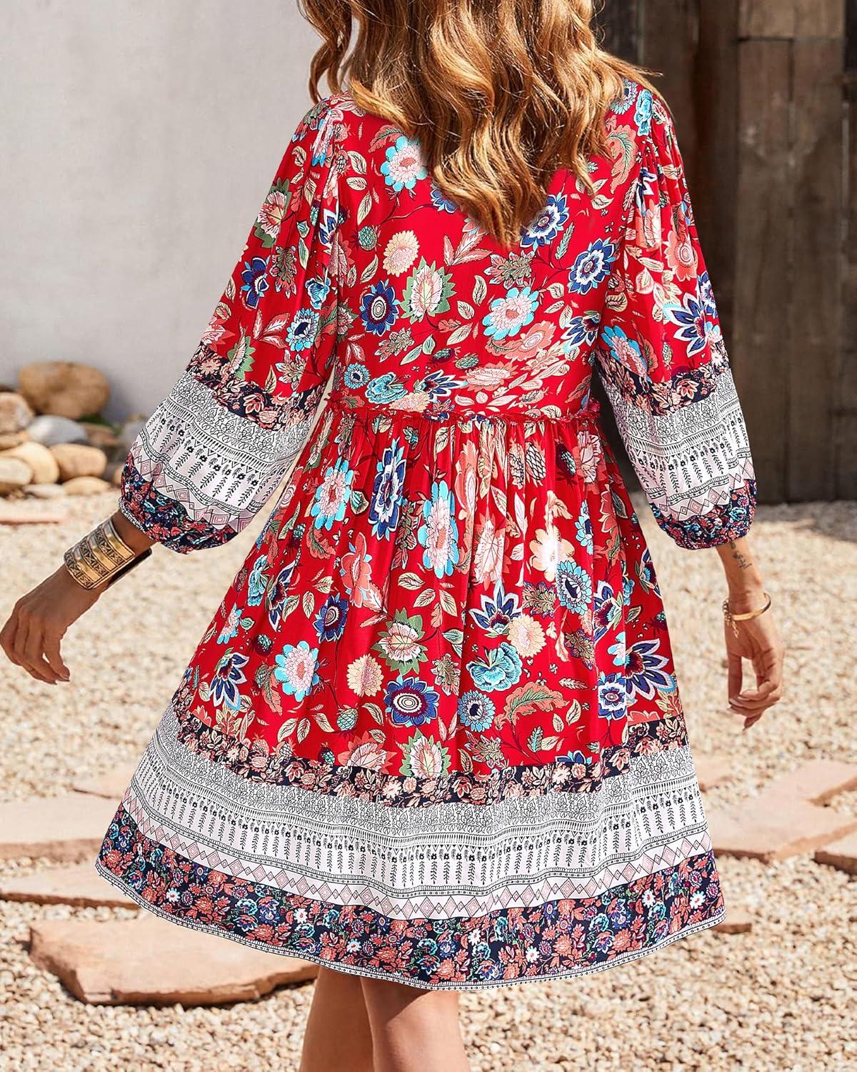 imageBTFBM Women Casual Spring Summer Dresses V Neck 34 Long Sleeve Ruffle Floral Flowy Boho Babydoll Mini Short Beach DressFloral Red White