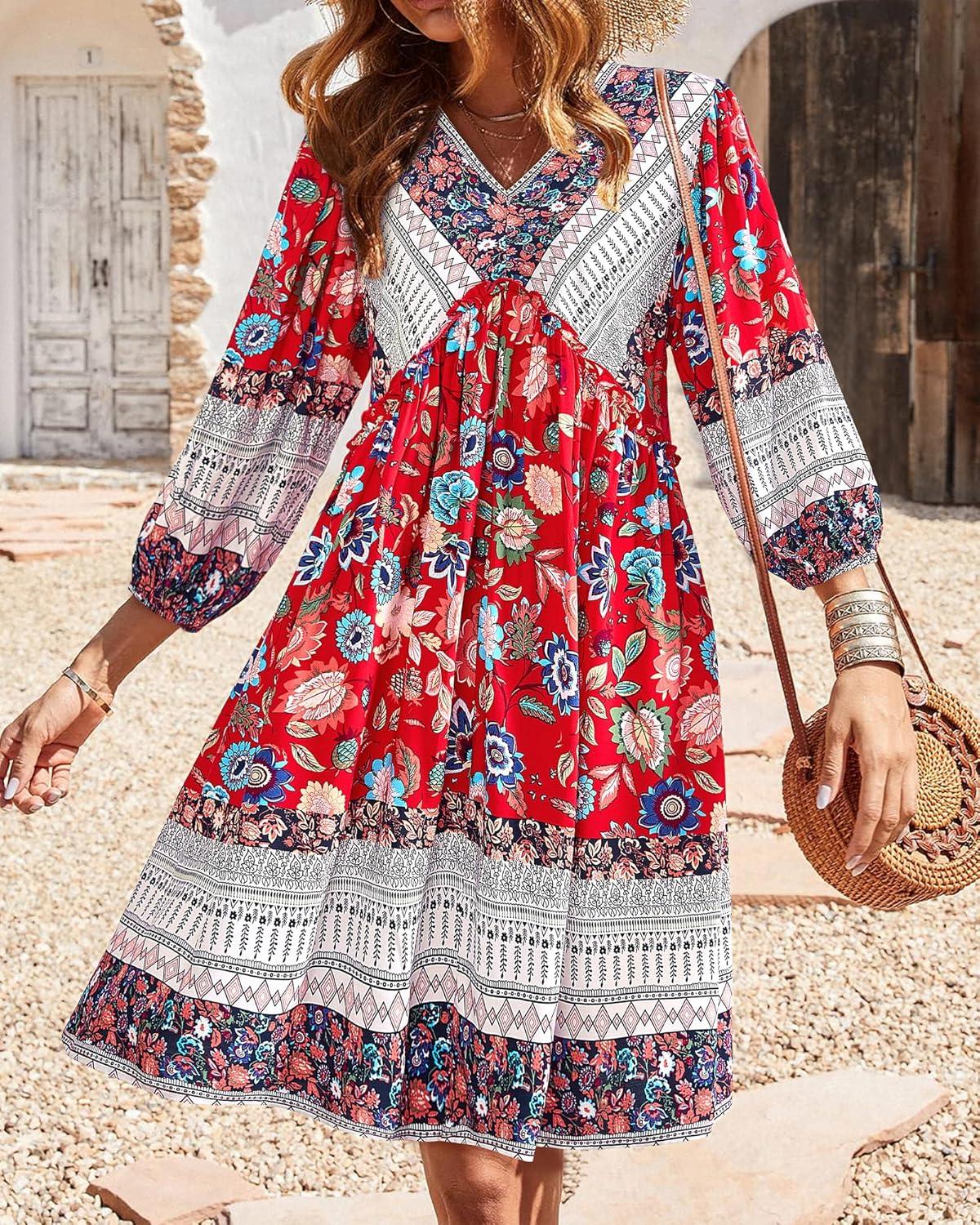 imageBTFBM Women Casual Spring Summer Dresses V Neck 34 Long Sleeve Ruffle Floral Flowy Boho Babydoll Mini Short Beach DressFloral Red White