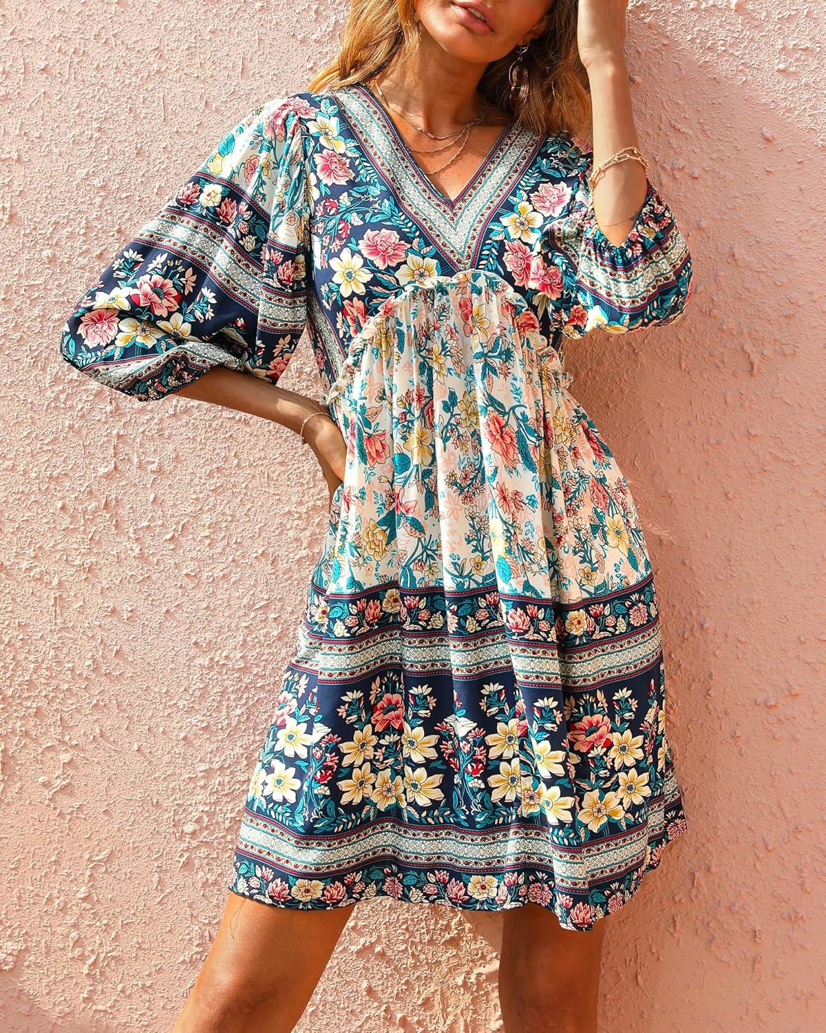 imageBTFBM Women Casual Spring Summer Dresses V Neck 34 Long Sleeve Ruffle Floral Flowy Boho Babydoll Mini Short Beach DressFloral White