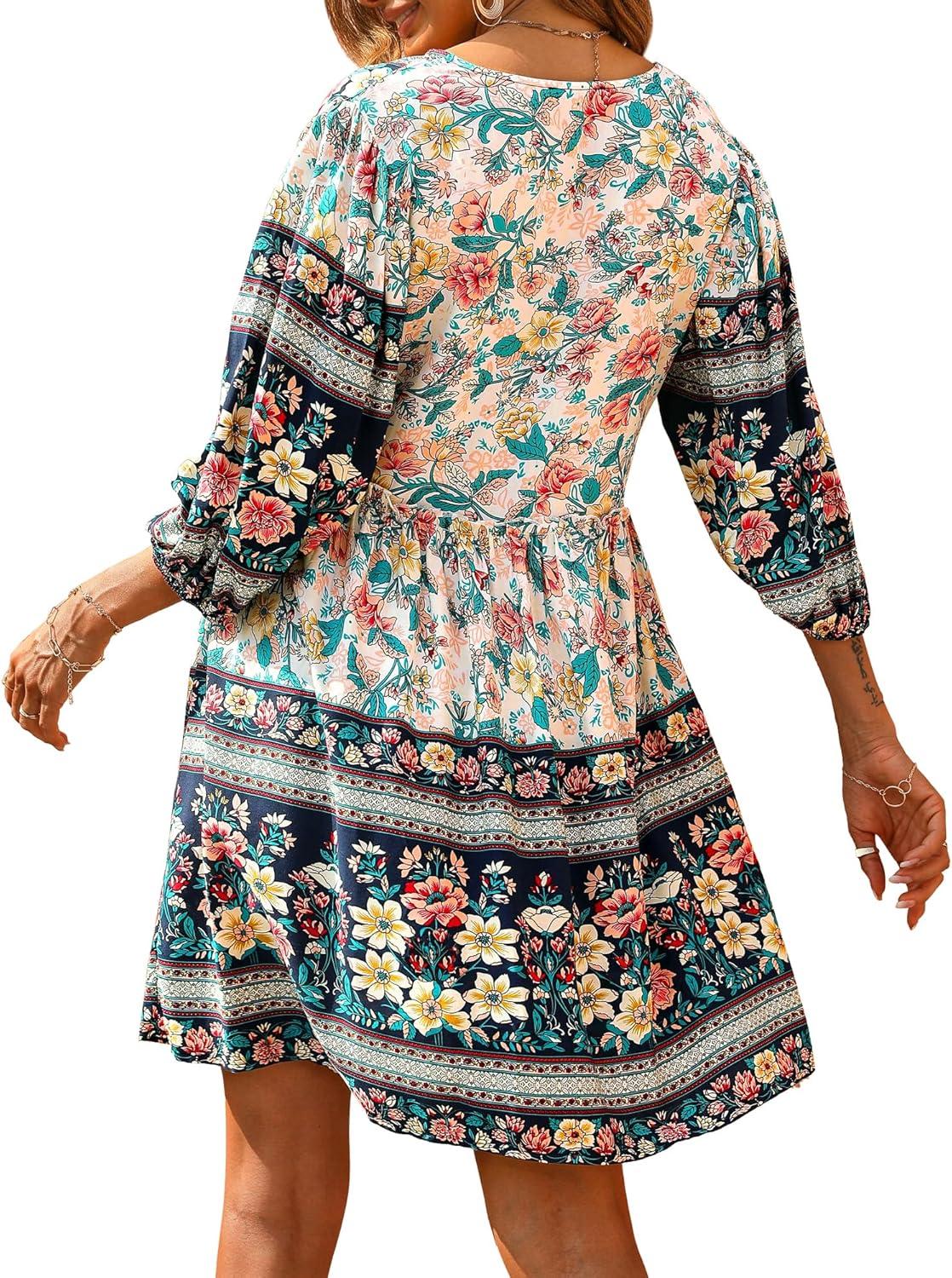 imageBTFBM Women Casual Spring Summer Dresses V Neck 34 Long Sleeve Ruffle Floral Flowy Boho Babydoll Mini Short Beach DressFloral White
