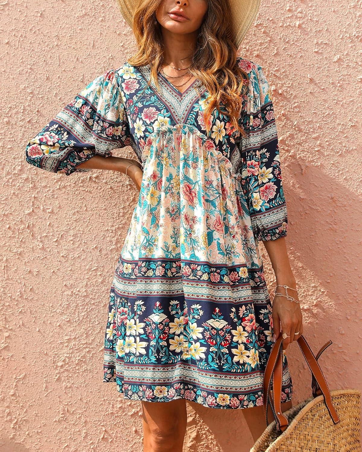 imageBTFBM Women Casual Spring Summer Dresses V Neck 34 Long Sleeve Ruffle Floral Flowy Boho Babydoll Mini Short Beach DressFloral White