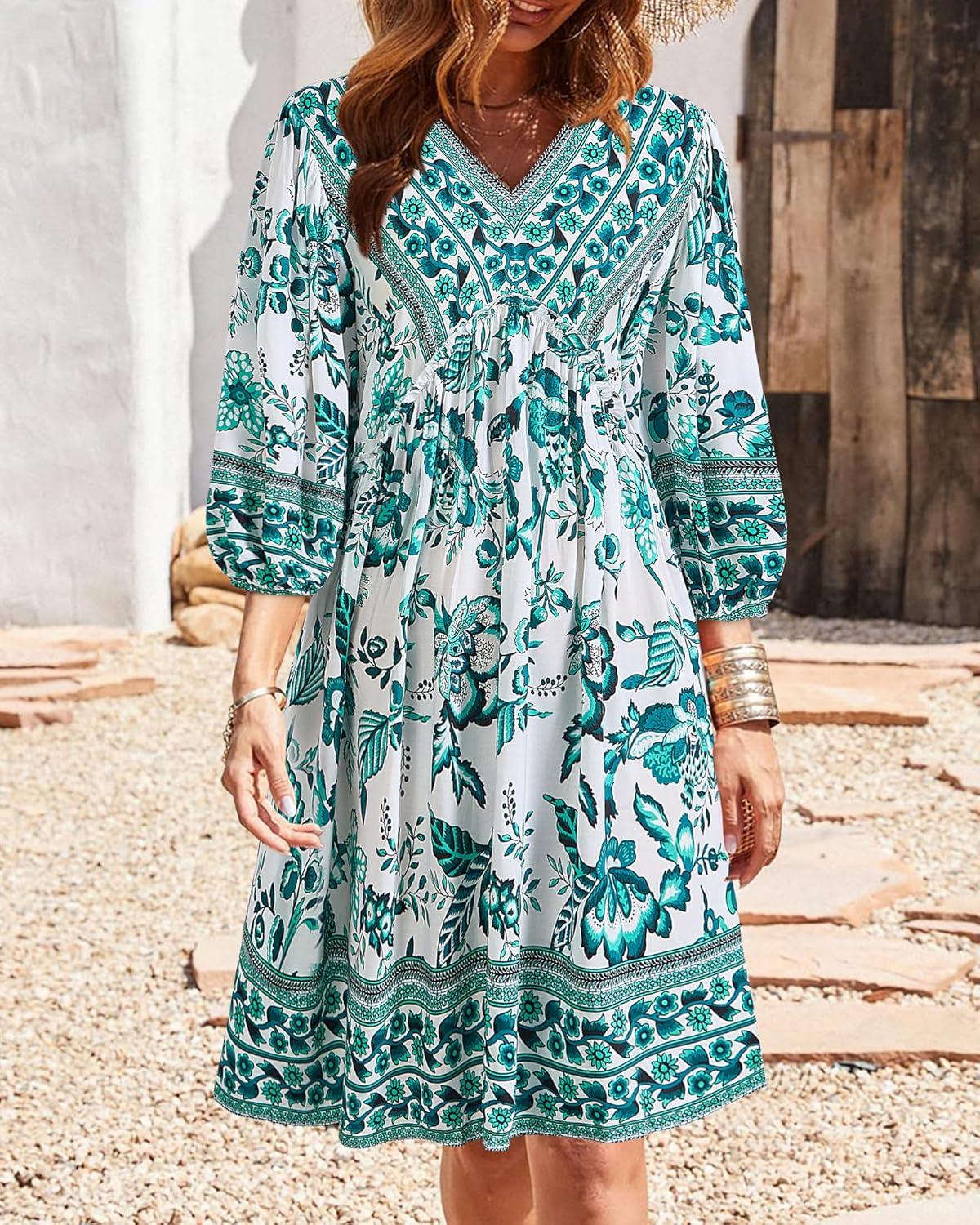 imageBTFBM Women Casual Spring Summer Dresses V Neck 34 Long Sleeve Ruffle Floral Flowy Boho Babydoll Mini Short Beach DressFloral White Blue