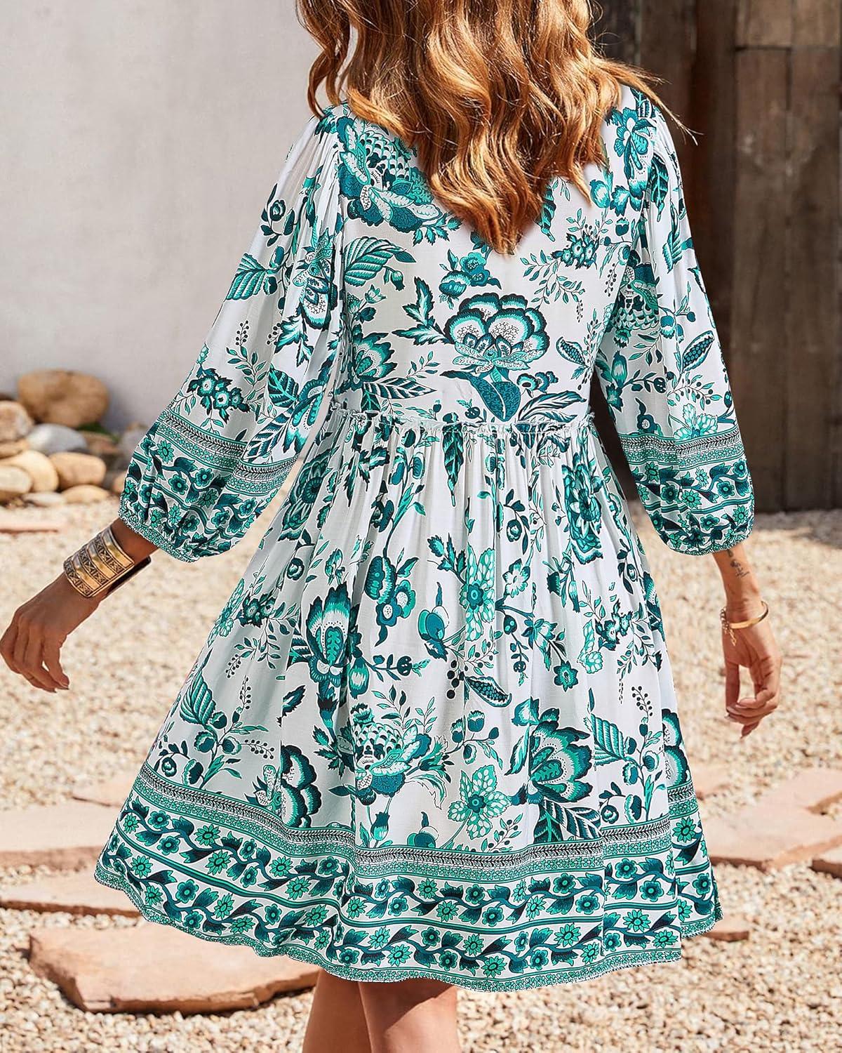 imageBTFBM Women Casual Spring Summer Dresses V Neck 34 Long Sleeve Ruffle Floral Flowy Boho Babydoll Mini Short Beach DressFloral White Blue