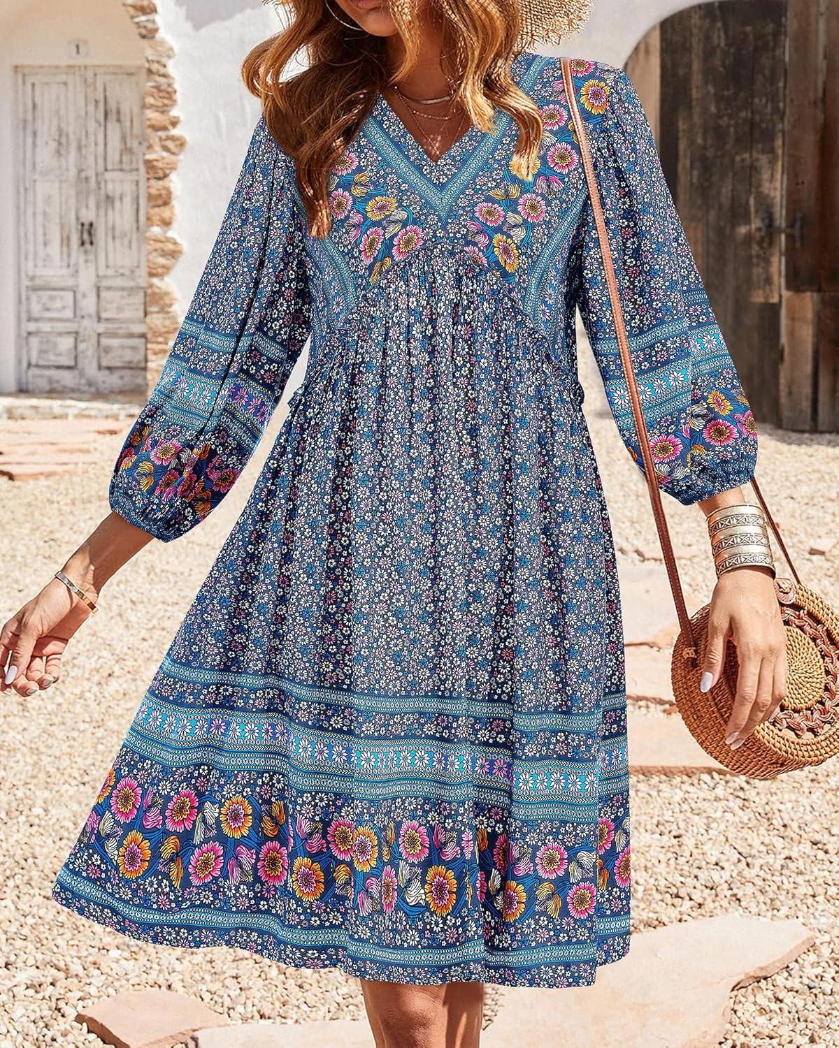 imageBTFBM Women Casual Spring Summer Dresses V Neck 34 Long Sleeve Ruffle Floral Flowy Boho Babydoll Mini Short Beach DressFloral White Blue Grey
