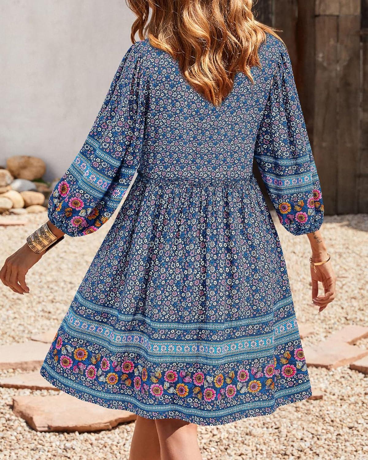 imageBTFBM Women Casual Spring Summer Dresses V Neck 34 Long Sleeve Ruffle Floral Flowy Boho Babydoll Mini Short Beach DressFloral White Blue Grey