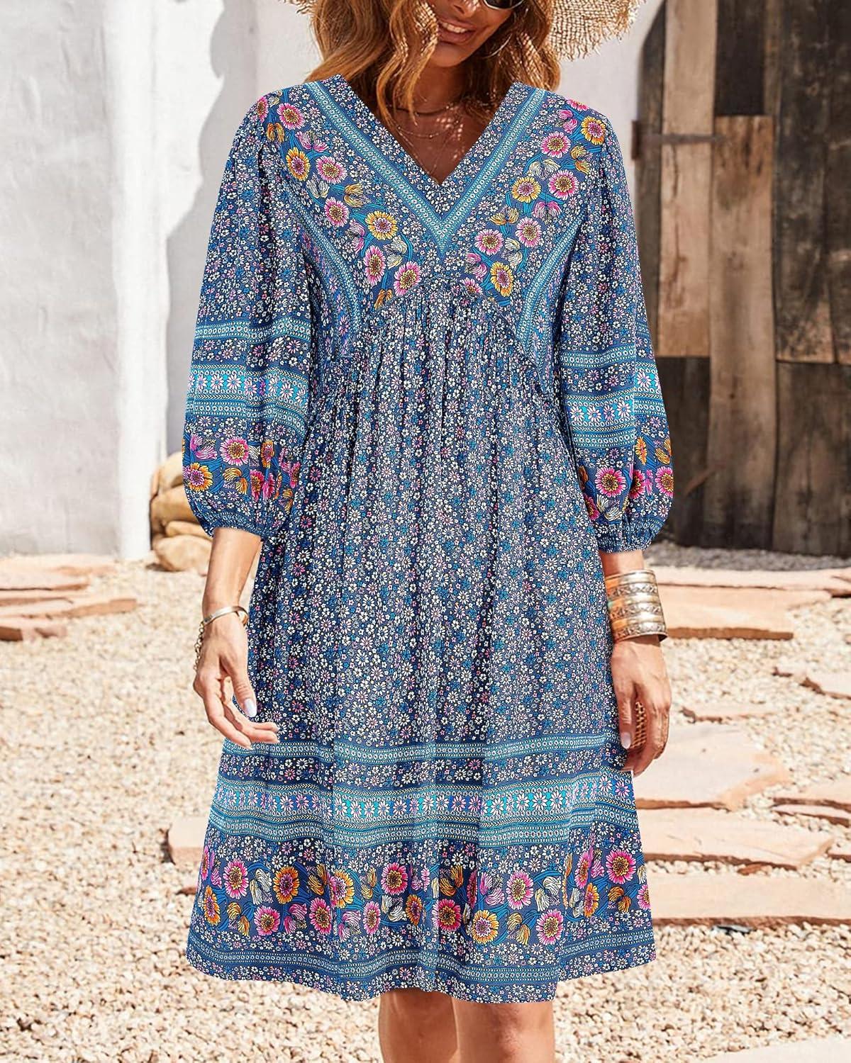imageBTFBM Women Casual Spring Summer Dresses V Neck 34 Long Sleeve Ruffle Floral Flowy Boho Babydoll Mini Short Beach DressFloral White Blue Grey