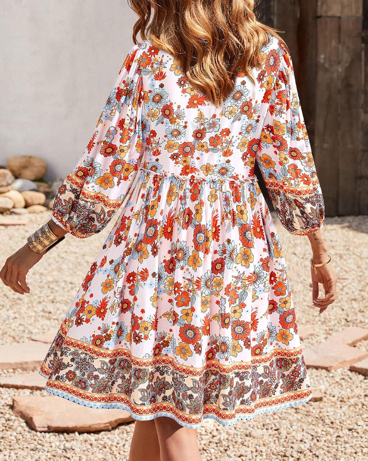 imageBTFBM Women Casual Spring Summer Dresses V Neck 34 Long Sleeve Ruffle Floral Flowy Boho Babydoll Mini Short Beach DressFloral White Red