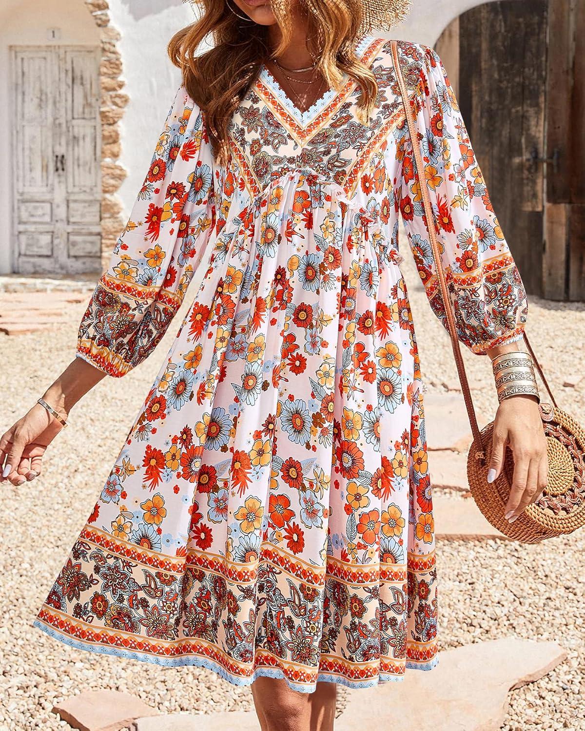 imageBTFBM Women Casual Spring Summer Dresses V Neck 34 Long Sleeve Ruffle Floral Flowy Boho Babydoll Mini Short Beach DressFloral White Red