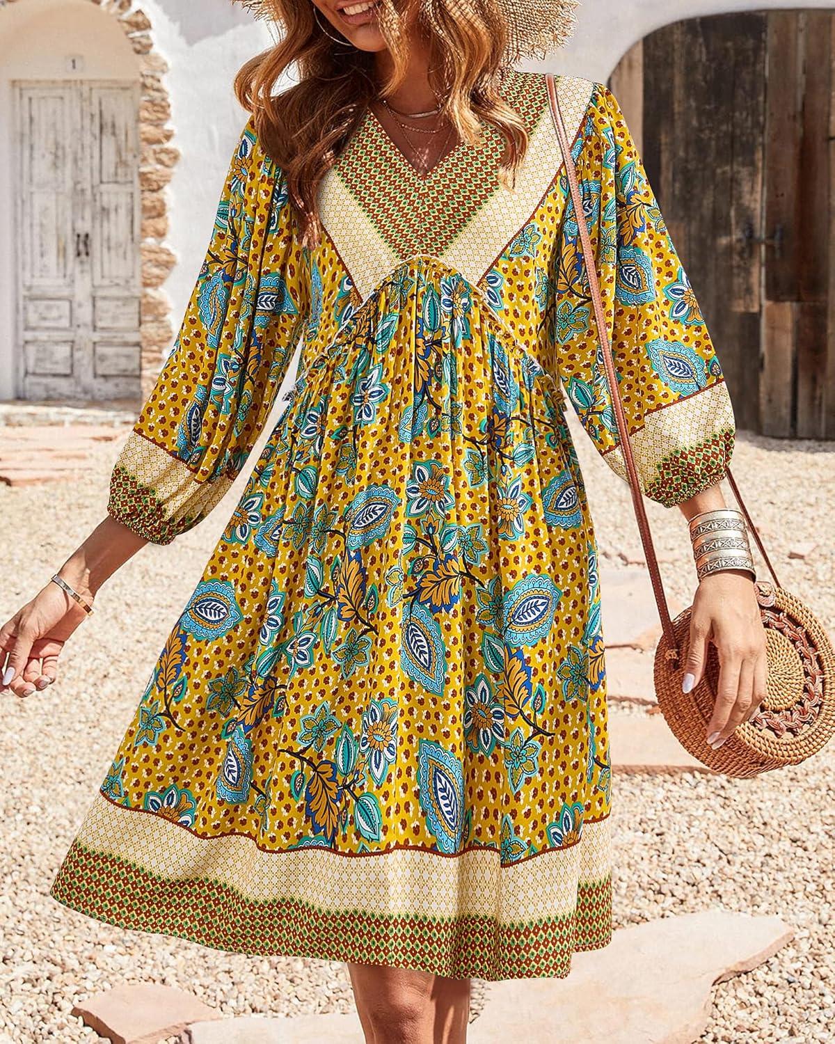 imageBTFBM Women Casual Spring Summer Dresses V Neck 34 Long Sleeve Ruffle Floral Flowy Boho Babydoll Mini Short Beach DressFloral Yellow Apricot