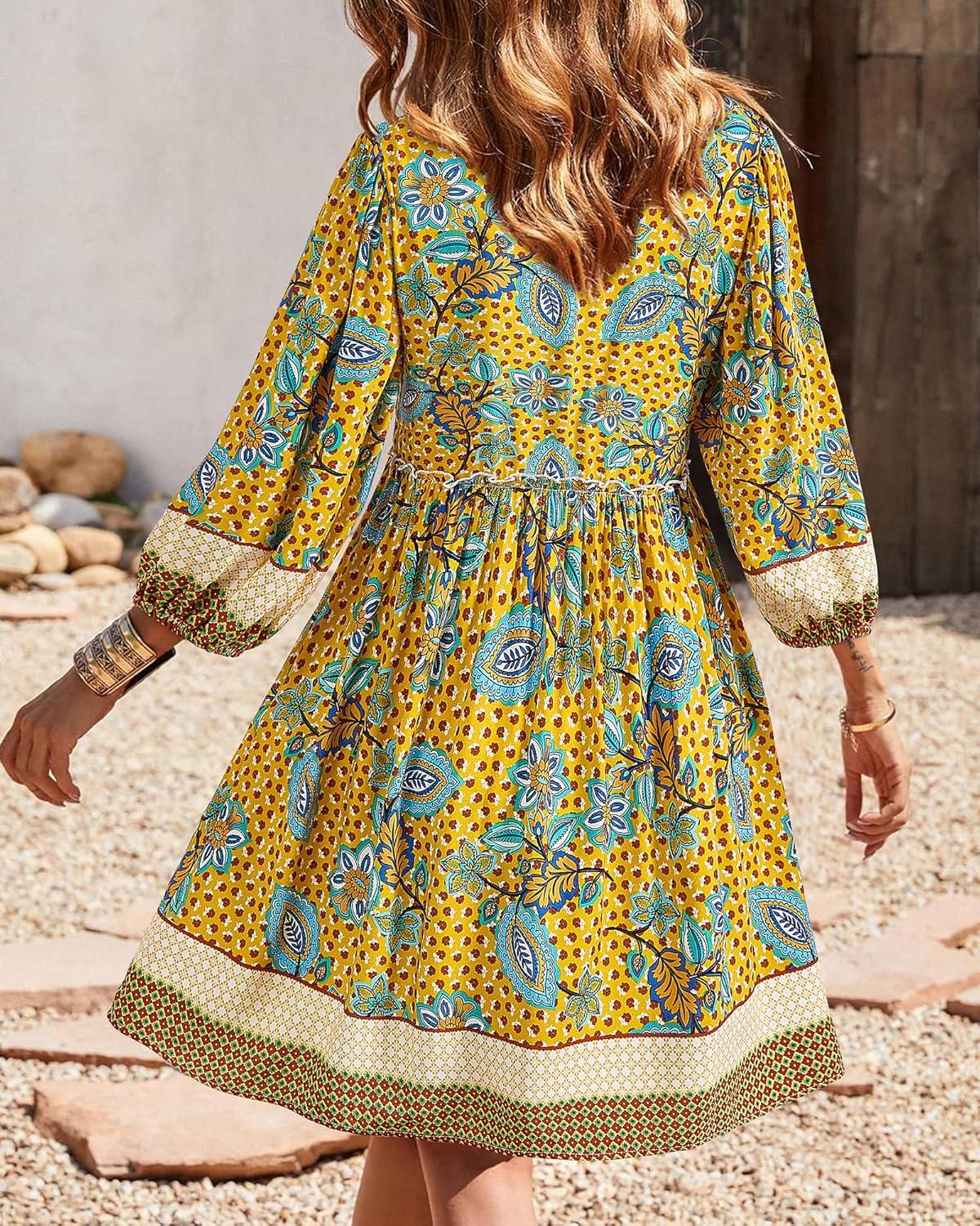 imageBTFBM Women Casual Spring Summer Dresses V Neck 34 Long Sleeve Ruffle Floral Flowy Boho Babydoll Mini Short Beach DressFloral Yellow Apricot