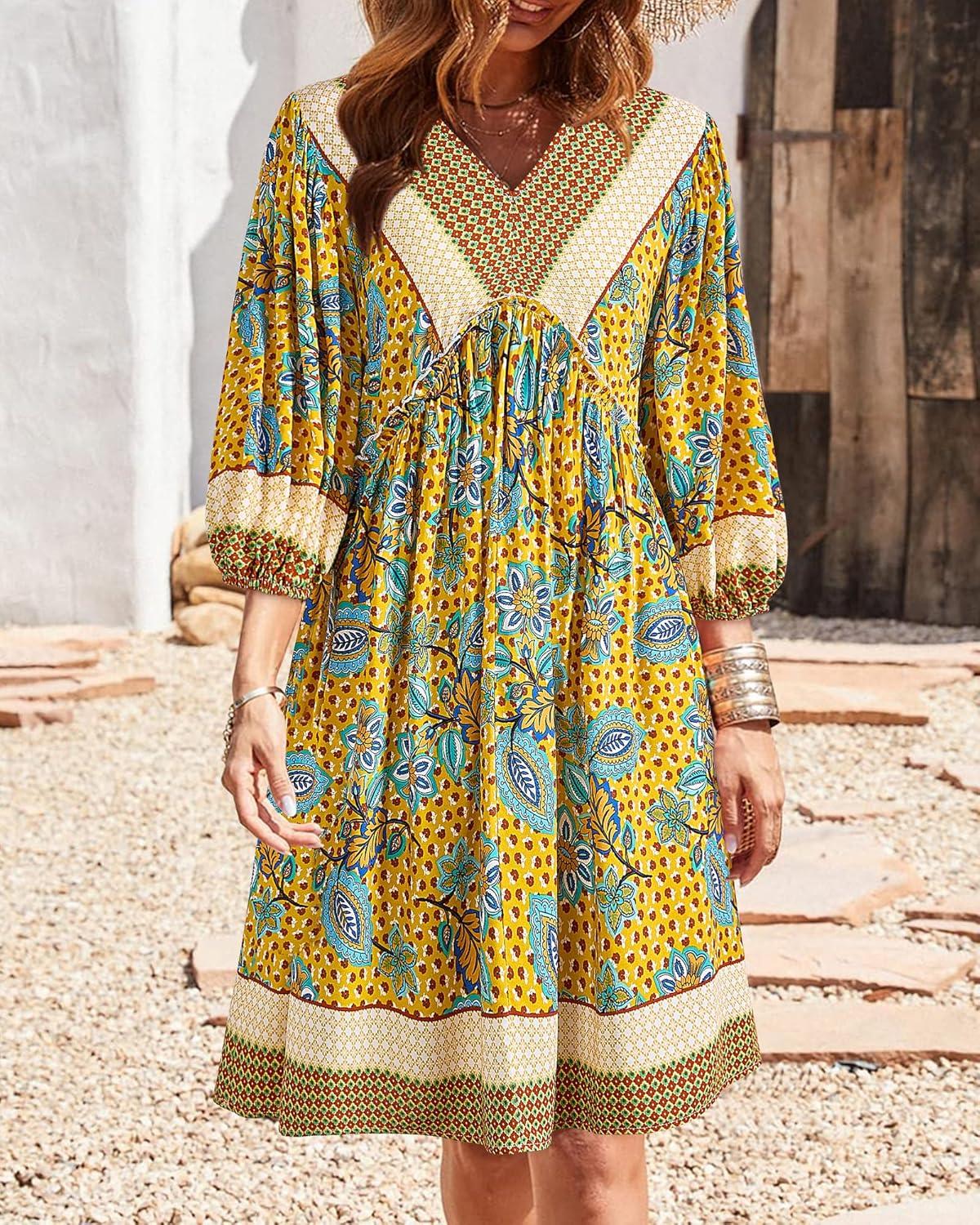 imageBTFBM Women Casual Spring Summer Dresses V Neck 34 Long Sleeve Ruffle Floral Flowy Boho Babydoll Mini Short Beach DressFloral Yellow Apricot