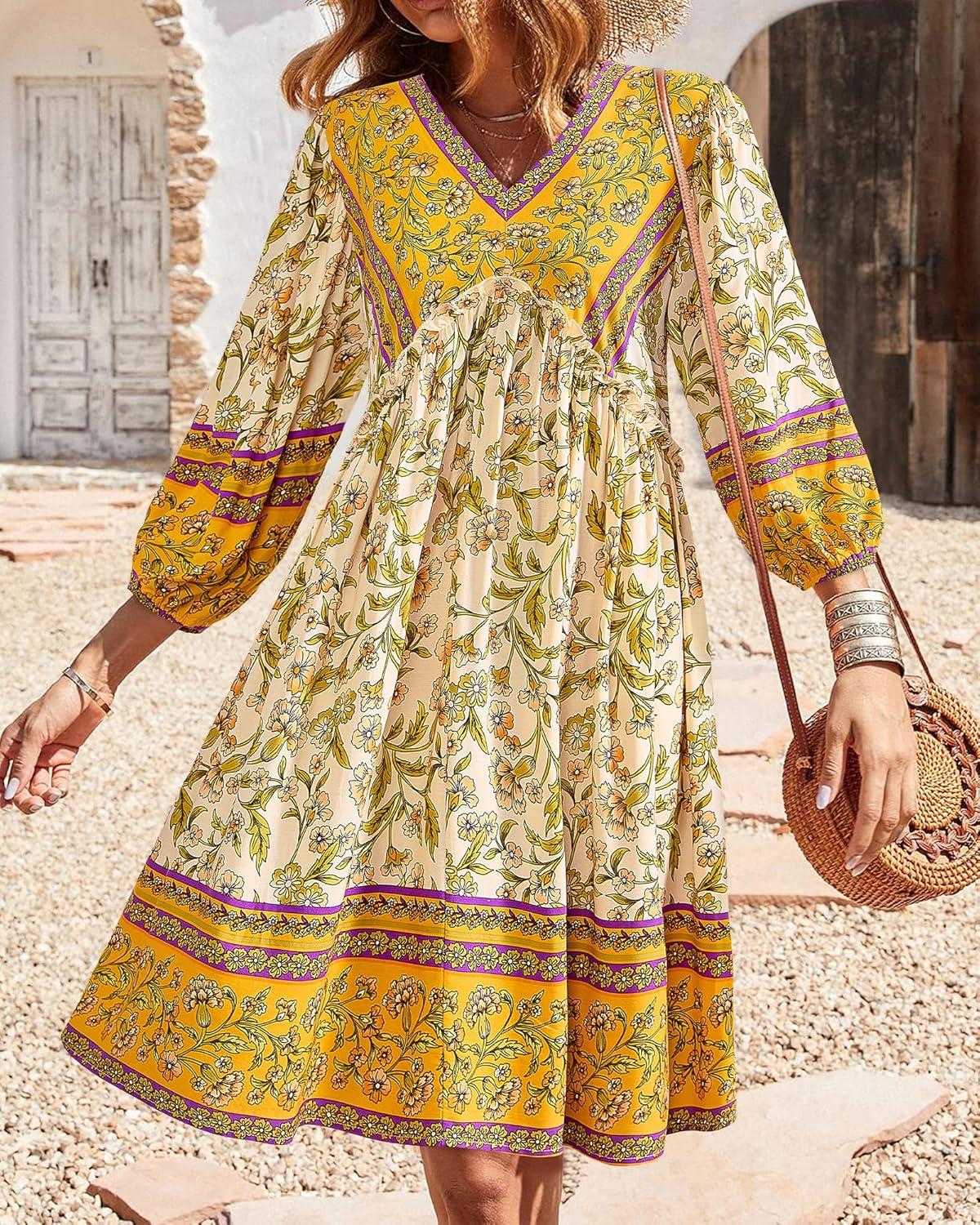 imageBTFBM Women Casual Spring Summer Dresses V Neck 34 Long Sleeve Ruffle Floral Flowy Boho Babydoll Mini Short Beach DressFloral Yellow White