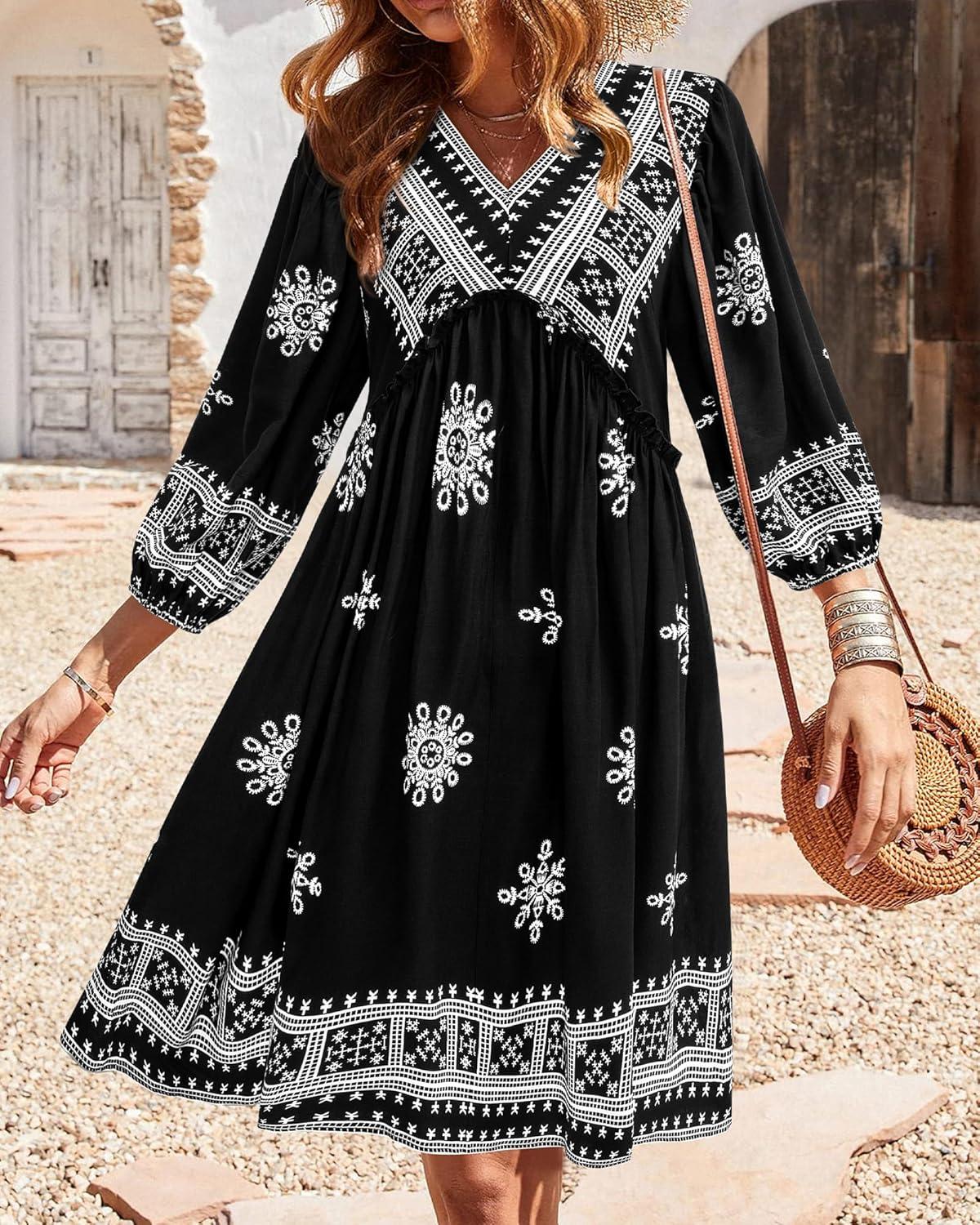imageBTFBM Women Casual Spring Summer Dresses V Neck 34 Long Sleeve Ruffle Floral Flowy Boho Babydoll Mini Short Beach DressPrint Black