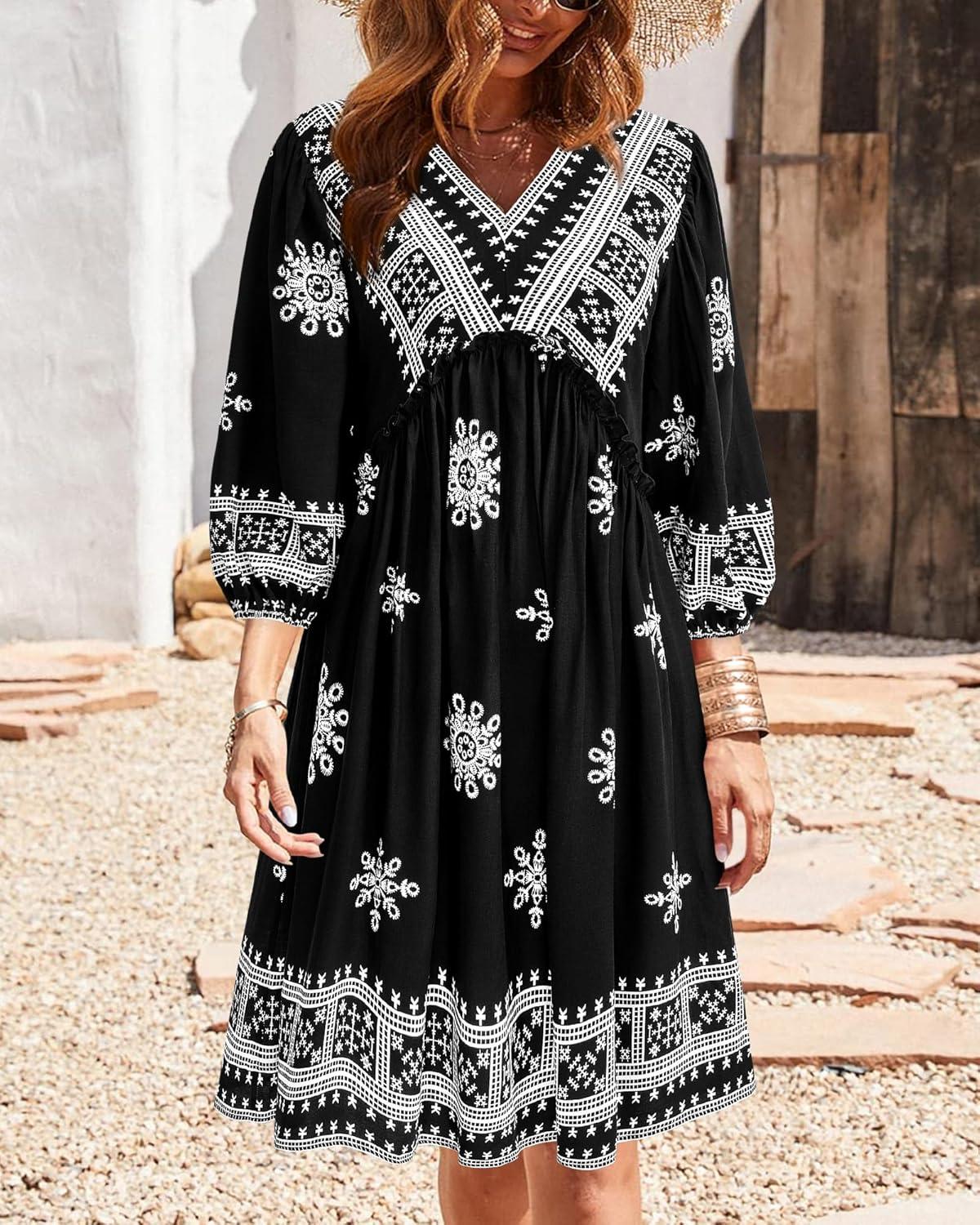 imageBTFBM Women Casual Spring Summer Dresses V Neck 34 Long Sleeve Ruffle Floral Flowy Boho Babydoll Mini Short Beach DressPrint Black