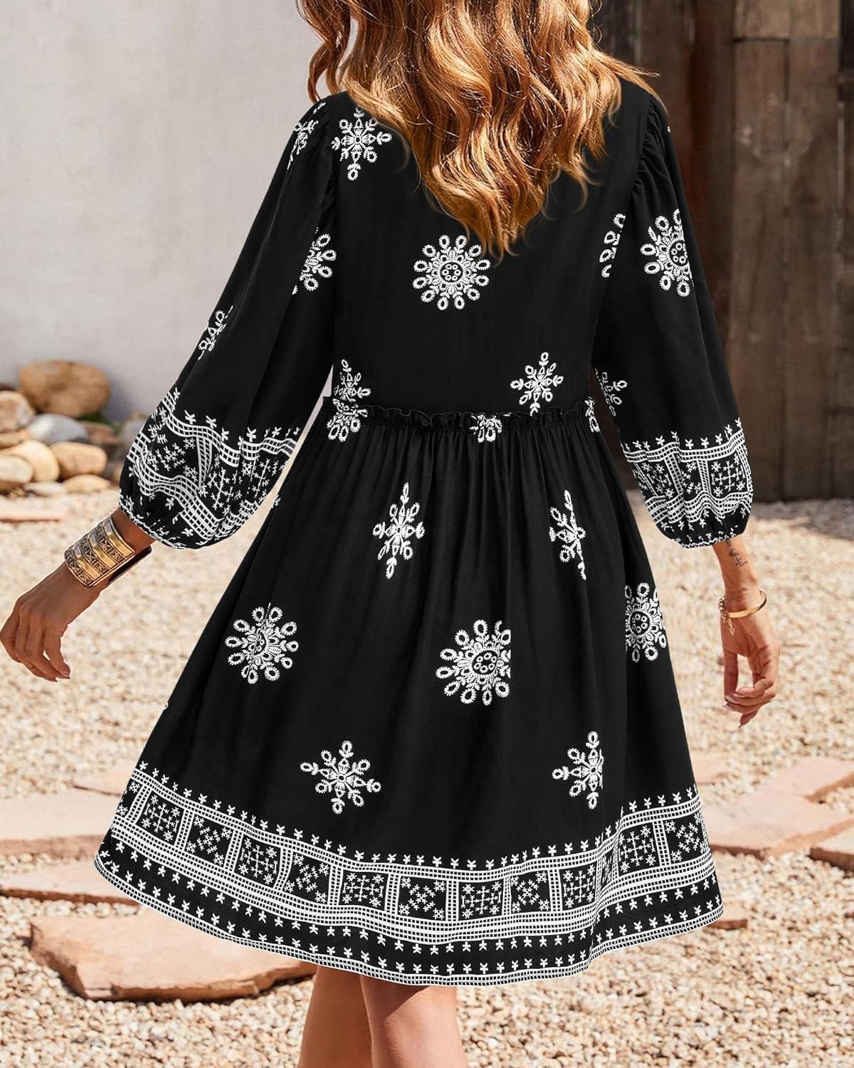 imageBTFBM Women Casual Spring Summer Dresses V Neck 34 Long Sleeve Ruffle Floral Flowy Boho Babydoll Mini Short Beach DressPrint Black