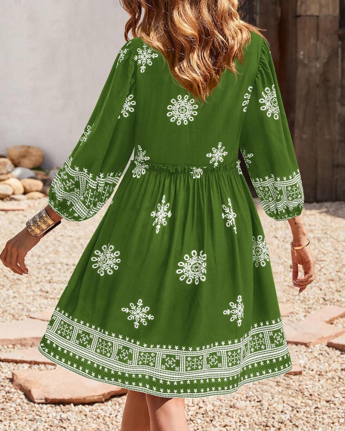 imageBTFBM Women Casual Spring Summer Dresses V Neck 34 Long Sleeve Ruffle Floral Flowy Boho Babydoll Mini Short Beach DressPrint Green