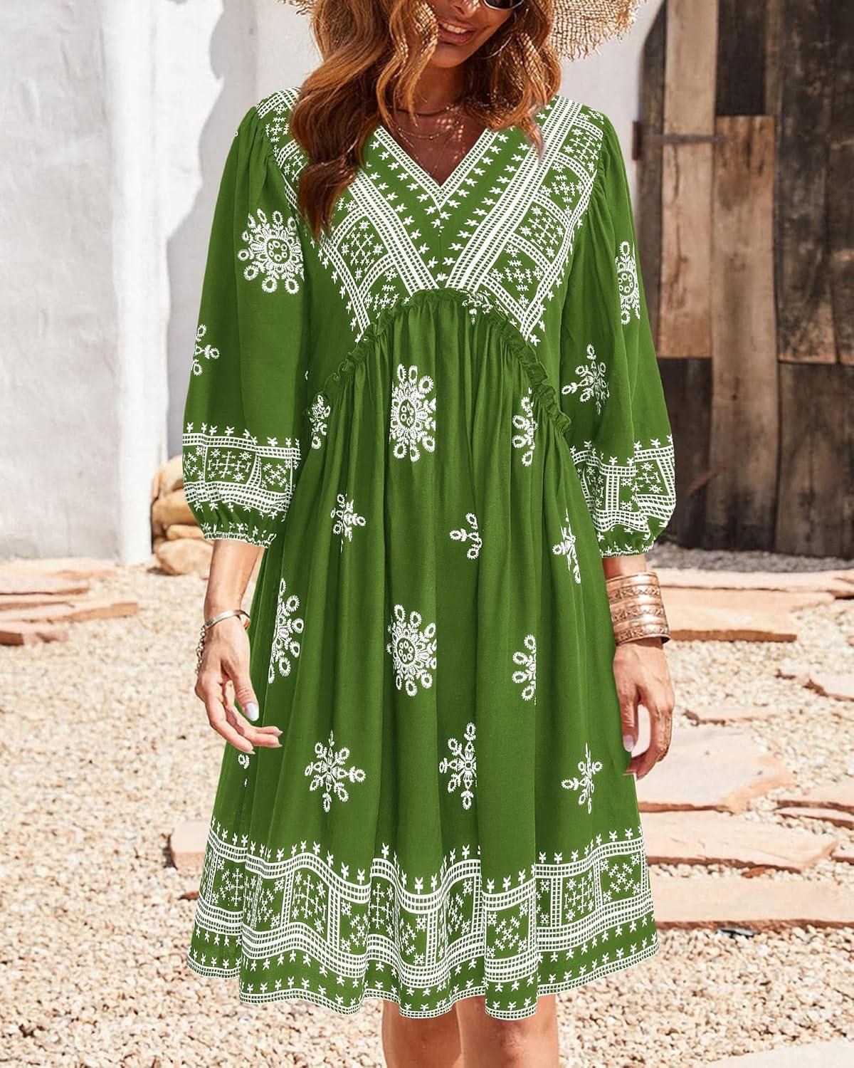 imageBTFBM Women Casual Spring Summer Dresses V Neck 34 Long Sleeve Ruffle Floral Flowy Boho Babydoll Mini Short Beach DressPrint Green