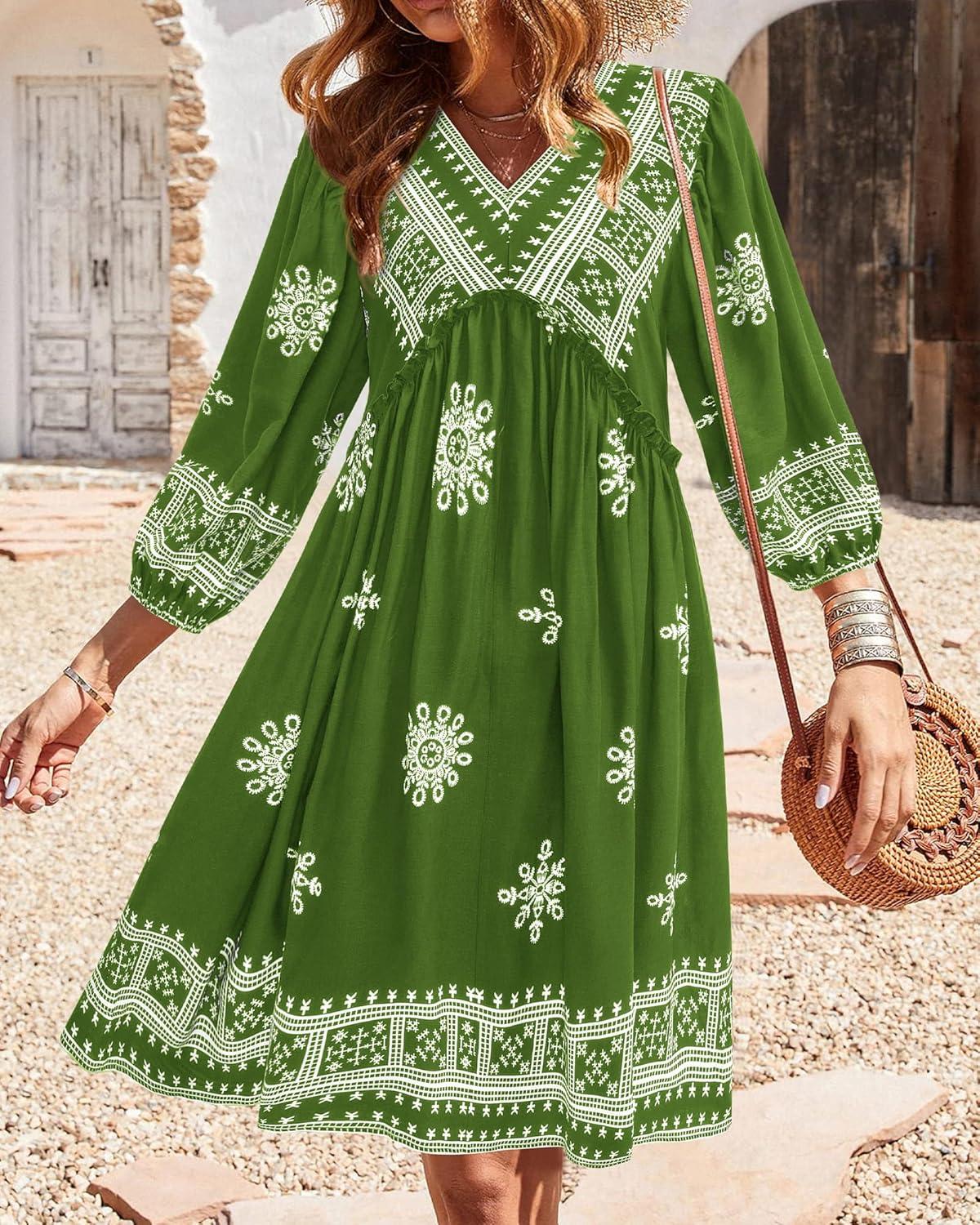 imageBTFBM Women Casual Spring Summer Dresses V Neck 34 Long Sleeve Ruffle Floral Flowy Boho Babydoll Mini Short Beach DressPrint Green