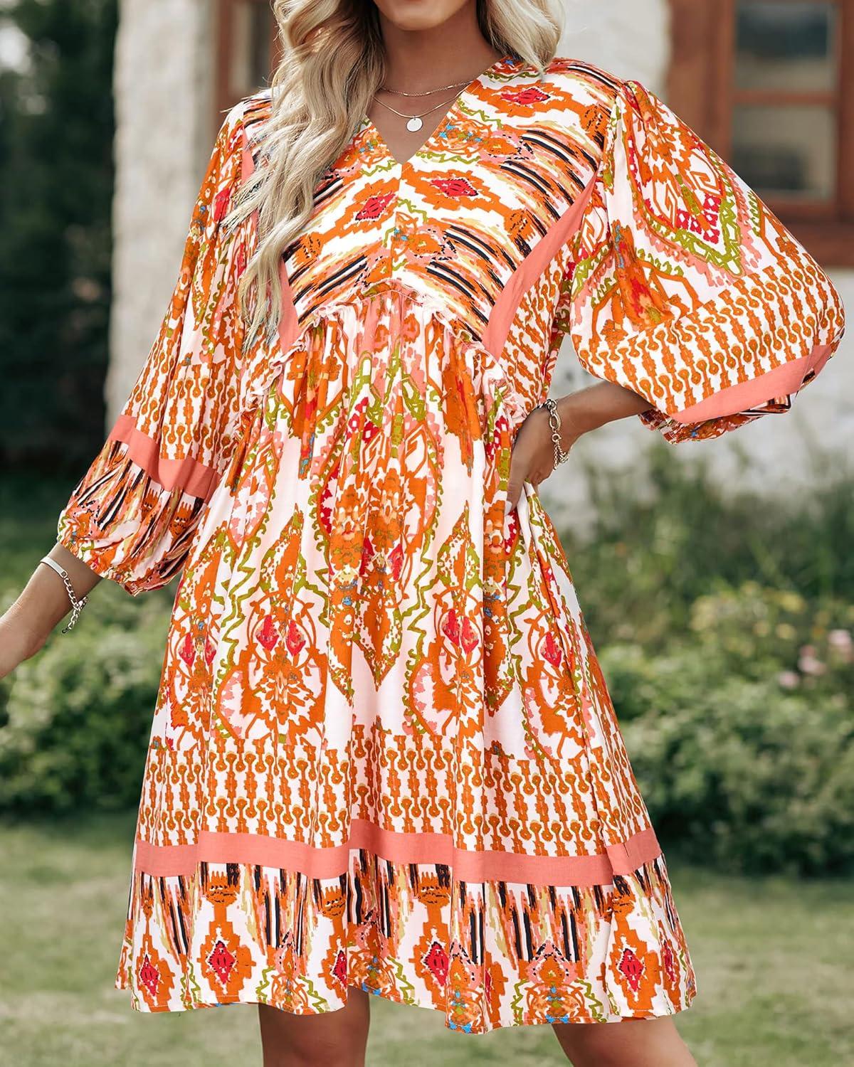 imageBTFBM Women Casual Spring Summer Dresses V Neck 34 Long Sleeve Ruffle Floral Flowy Boho Babydoll Mini Short Beach DressPrint Orange