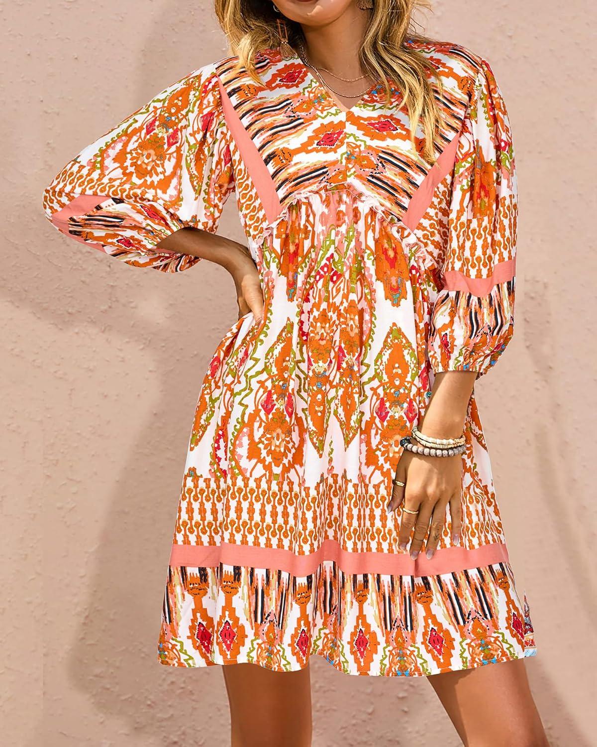 imageBTFBM Women Casual Spring Summer Dresses V Neck 34 Long Sleeve Ruffle Floral Flowy Boho Babydoll Mini Short Beach DressPrint Orange