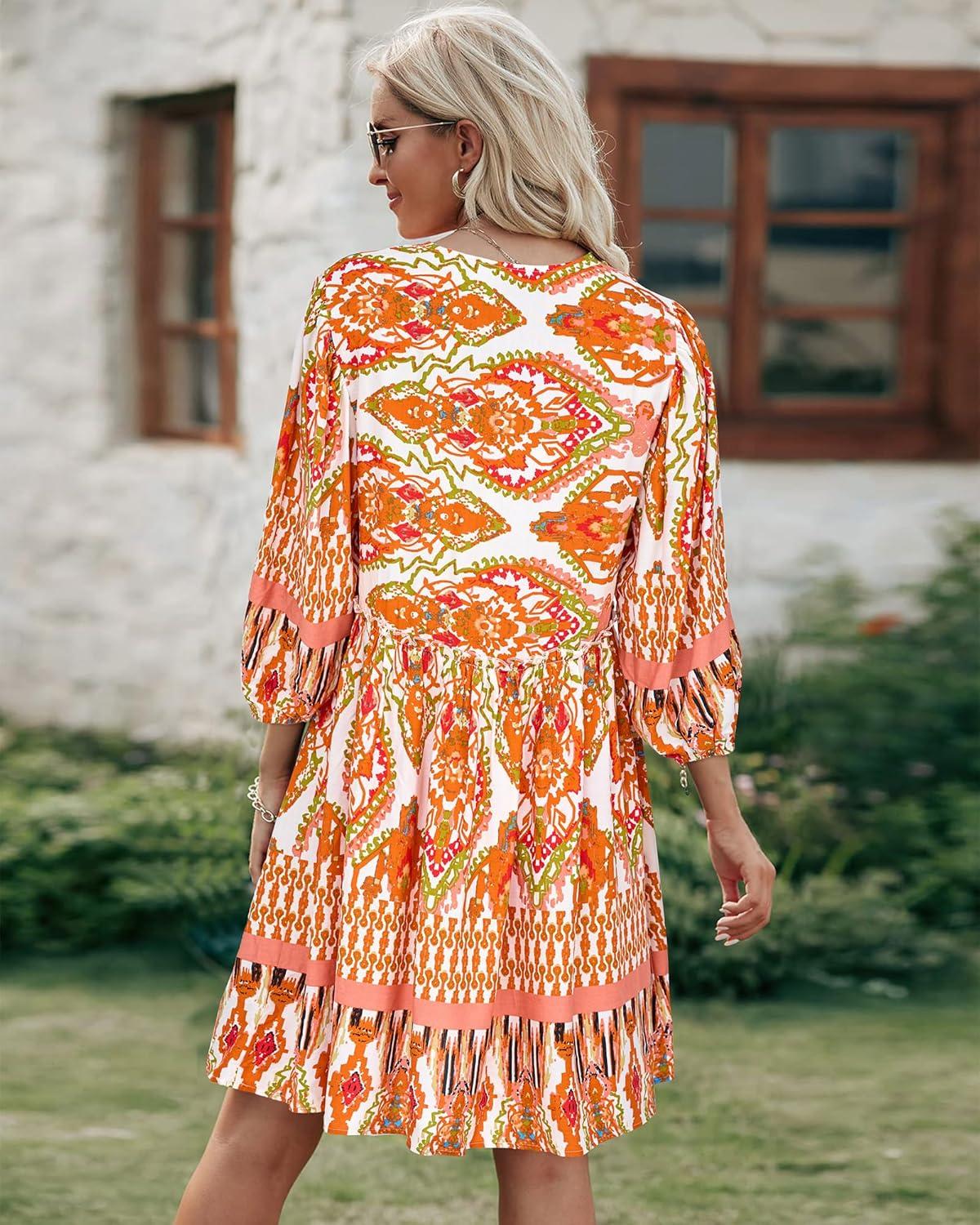 imageBTFBM Women Casual Spring Summer Dresses V Neck 34 Long Sleeve Ruffle Floral Flowy Boho Babydoll Mini Short Beach DressPrint Orange