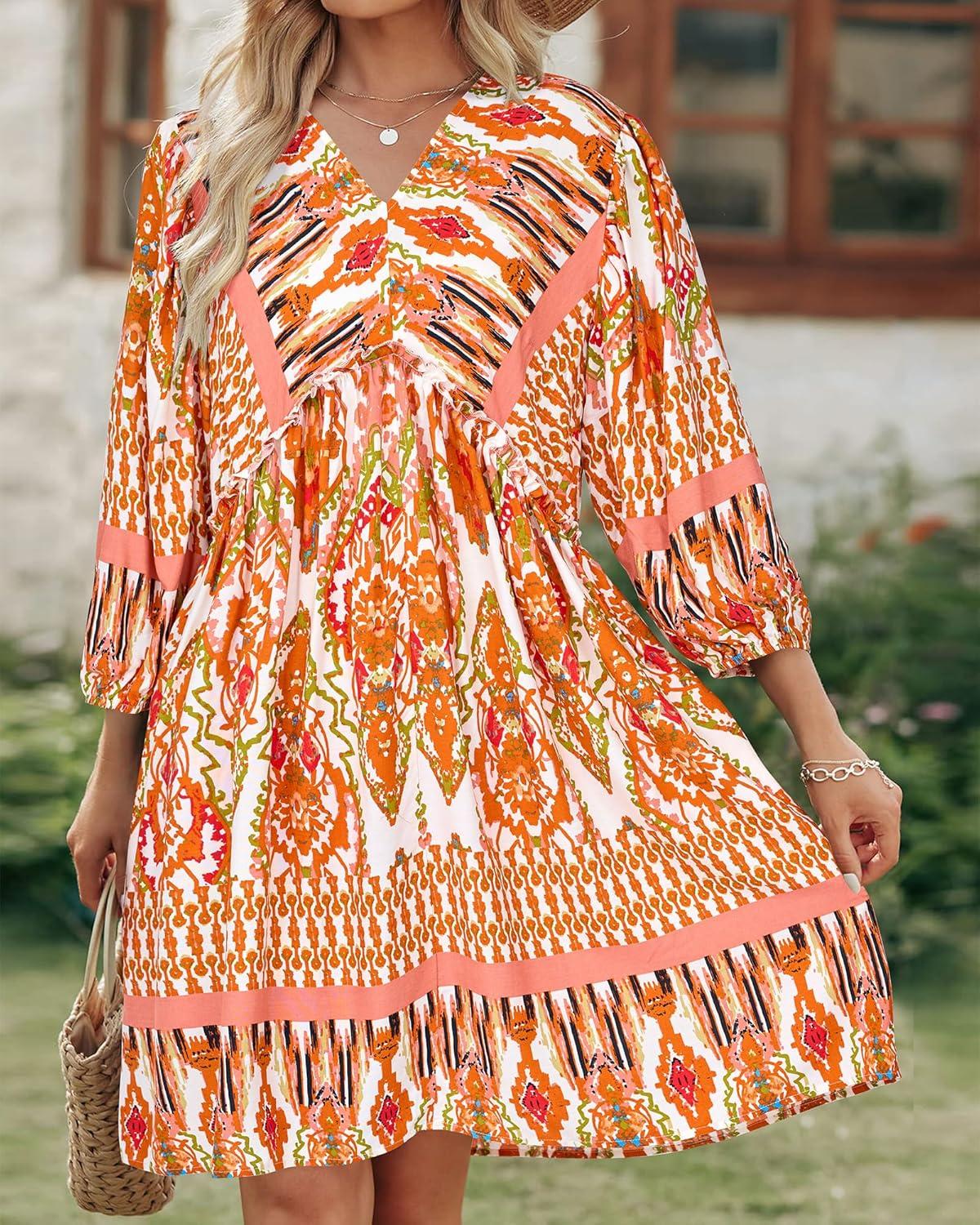 imageBTFBM Women Casual Spring Summer Dresses V Neck 34 Long Sleeve Ruffle Floral Flowy Boho Babydoll Mini Short Beach DressPrint Orange
