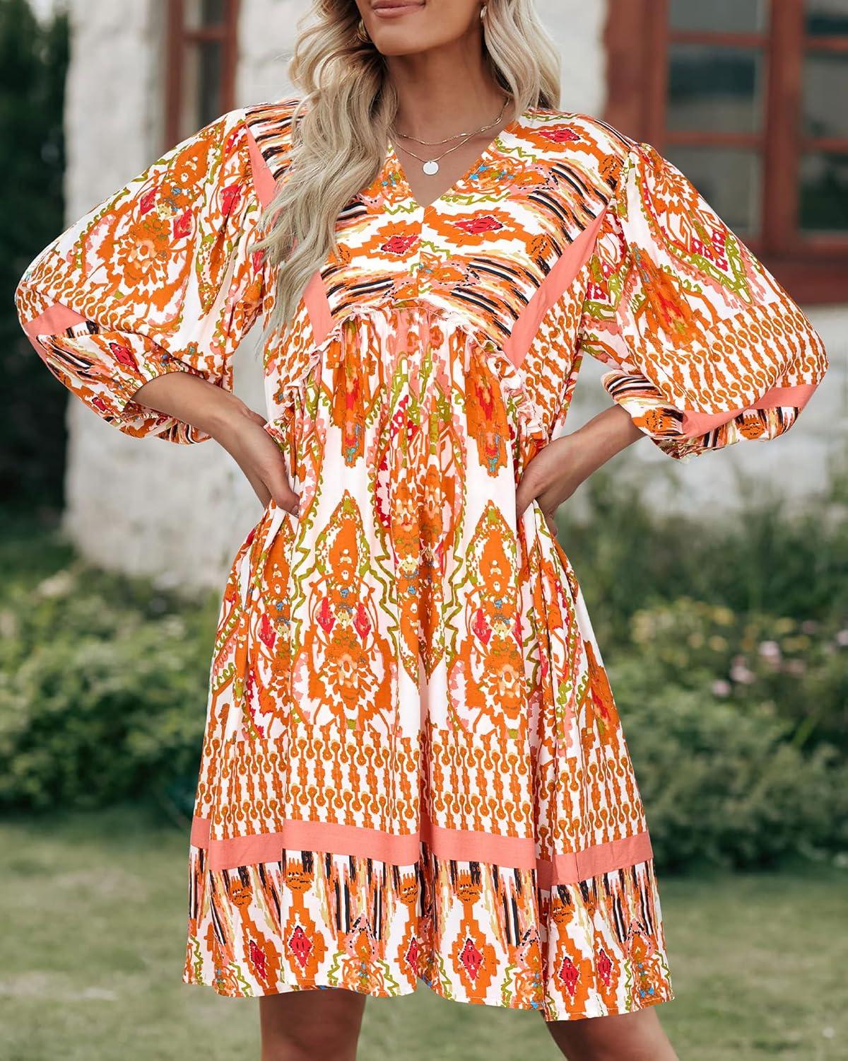 imageBTFBM Women Casual Spring Summer Dresses V Neck 34 Long Sleeve Ruffle Floral Flowy Boho Babydoll Mini Short Beach DressPrint Orange