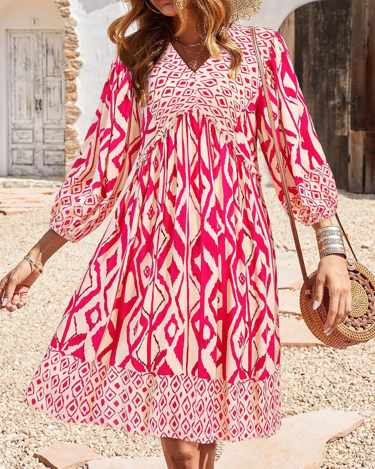 imageBTFBM Women Casual Spring Summer Dresses V Neck 34 Long Sleeve Ruffle Floral Flowy Boho Babydoll Mini Short Beach DressPrint Rose Red