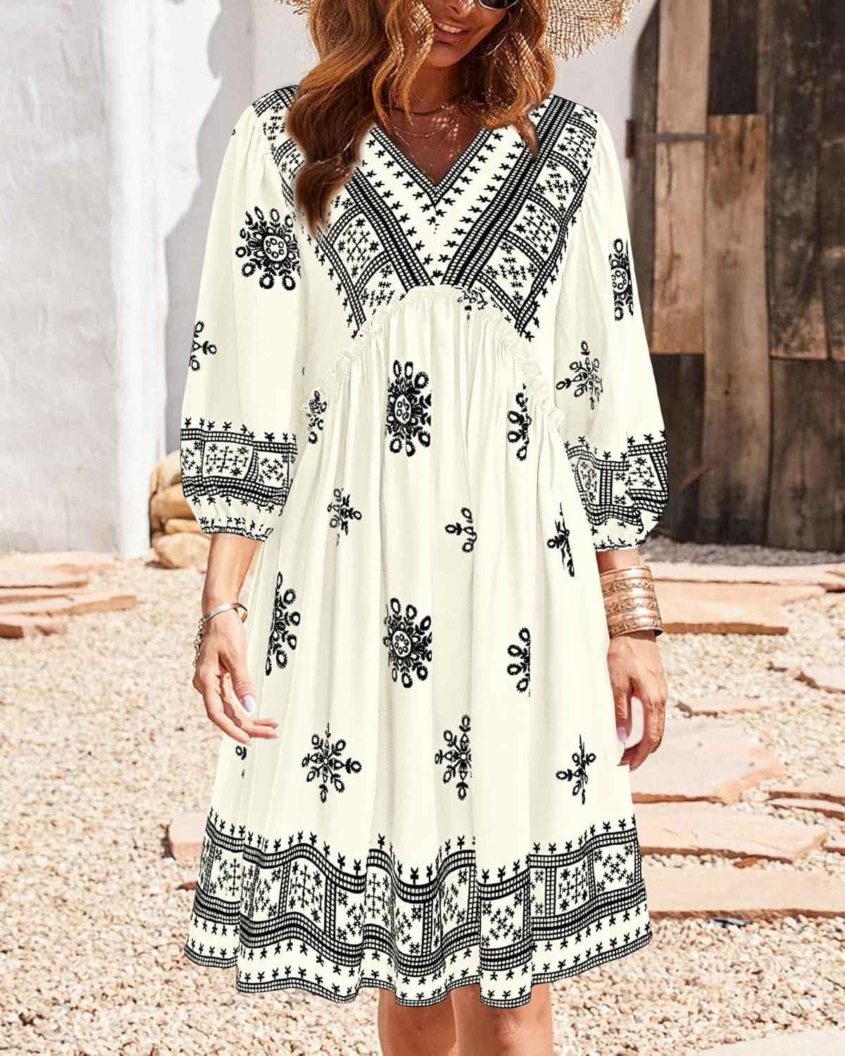 imageBTFBM Women Casual Spring Summer Dresses V Neck 34 Long Sleeve Ruffle Floral Flowy Boho Babydoll Mini Short Beach DressPrint White