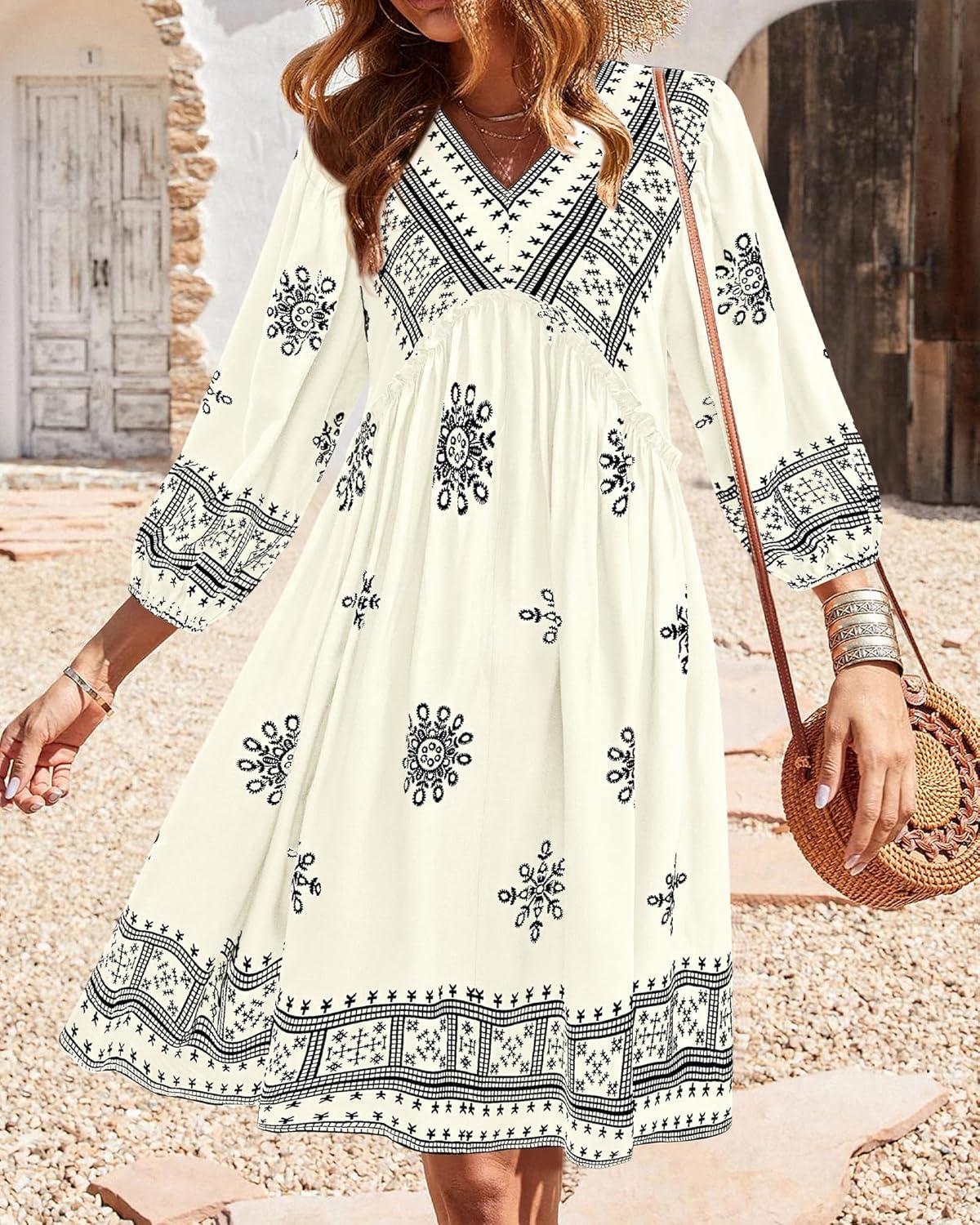imageBTFBM Women Casual Spring Summer Dresses V Neck 34 Long Sleeve Ruffle Floral Flowy Boho Babydoll Mini Short Beach DressPrint White
