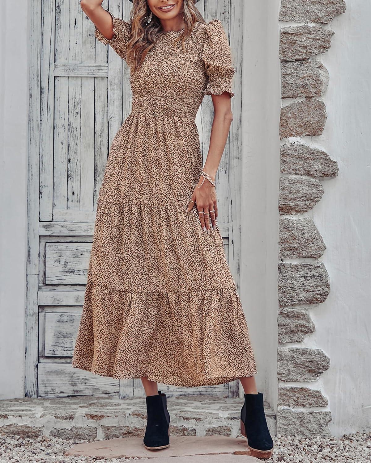 imageBTFBM Women Casual Summer Dresses 2026 Spring Crew Neck Ruffle Short Sleeve Smocked Floral Boho Flowy Maxi Dress ClothesDot Apricot Brown