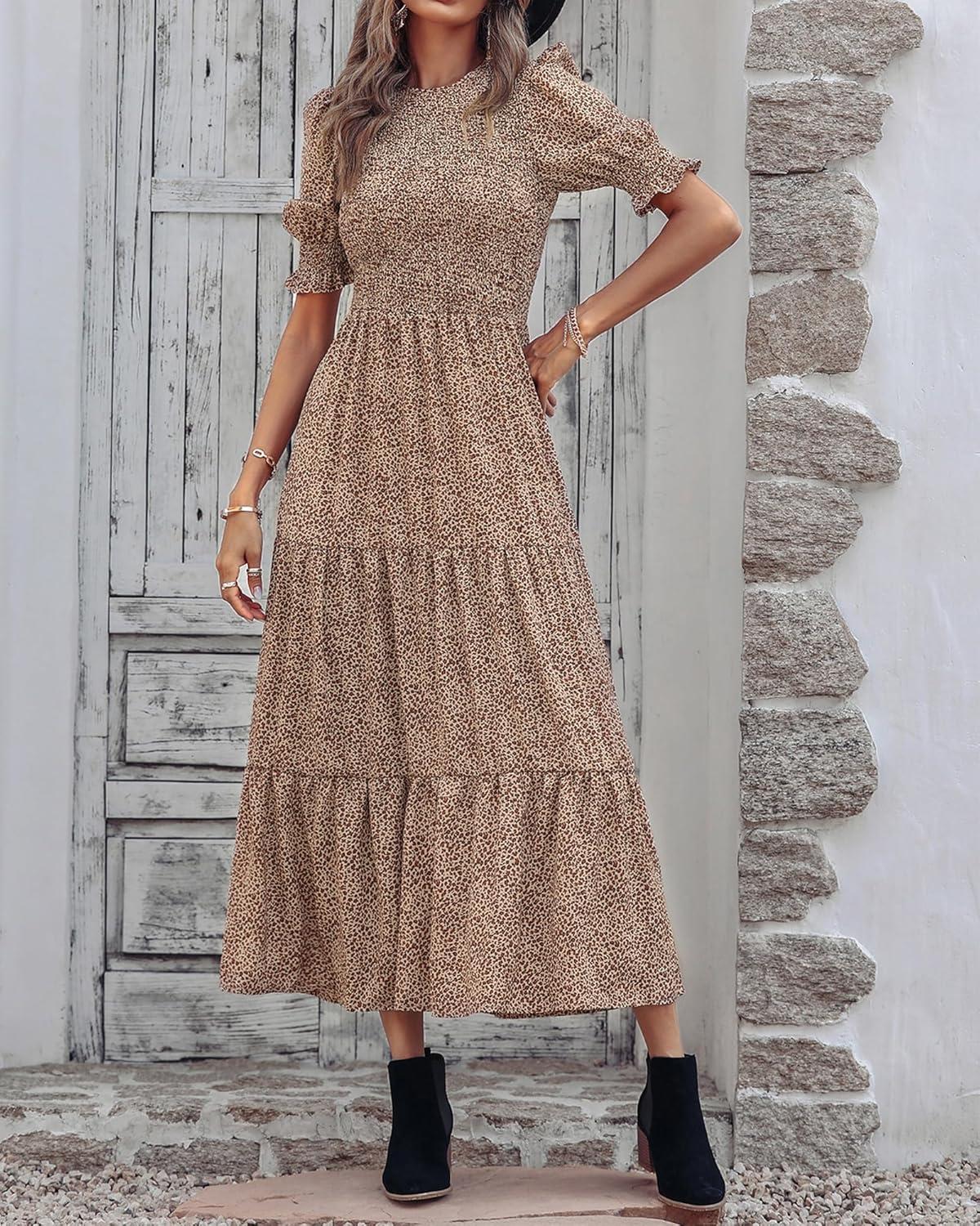 imageBTFBM Women Casual Summer Dresses 2026 Spring Crew Neck Ruffle Short Sleeve Smocked Floral Boho Flowy Maxi Dress ClothesDot Apricot Brown