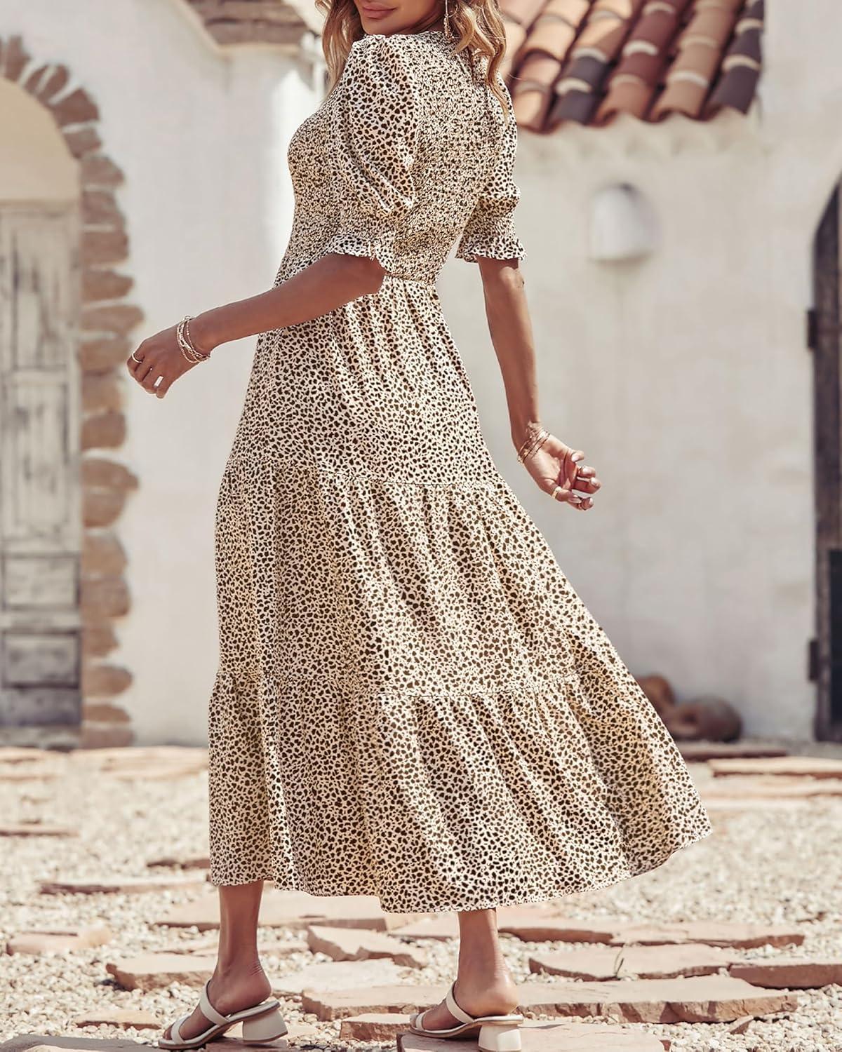 imageBTFBM Women Casual Summer Dresses 2026 Spring Crew Neck Ruffle Short Sleeve Smocked Floral Boho Flowy Maxi Dress ClothesDot Apricot Coffee
