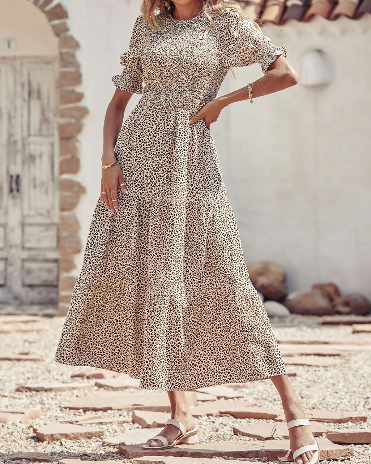imageBTFBM Women Casual Summer Dresses 2026 Spring Crew Neck Ruffle Short Sleeve Smocked Floral Boho Flowy Maxi Dress ClothesDot Apricot Coffee
