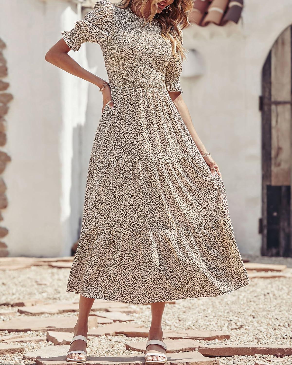 imageBTFBM Women Casual Summer Dresses 2026 Spring Crew Neck Ruffle Short Sleeve Smocked Floral Boho Flowy Maxi Dress ClothesDot Apricot Coffee
