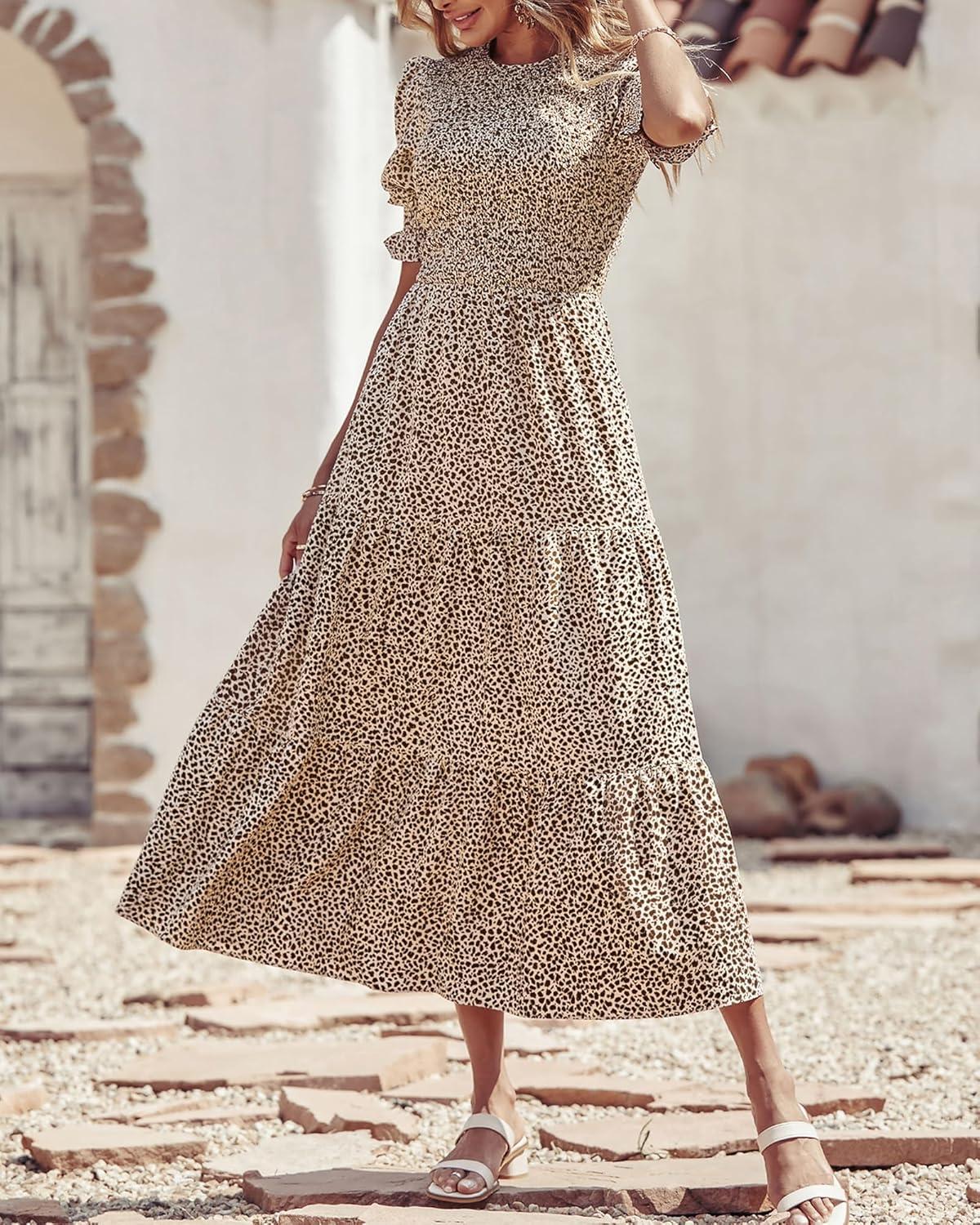 imageBTFBM Women Casual Summer Dresses 2026 Spring Crew Neck Ruffle Short Sleeve Smocked Floral Boho Flowy Maxi Dress ClothesDot Apricot Coffee